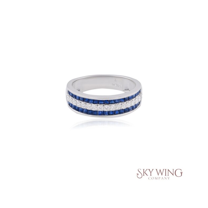 2 LINE BLUE SAPPHIRE AND DIAMOND RING