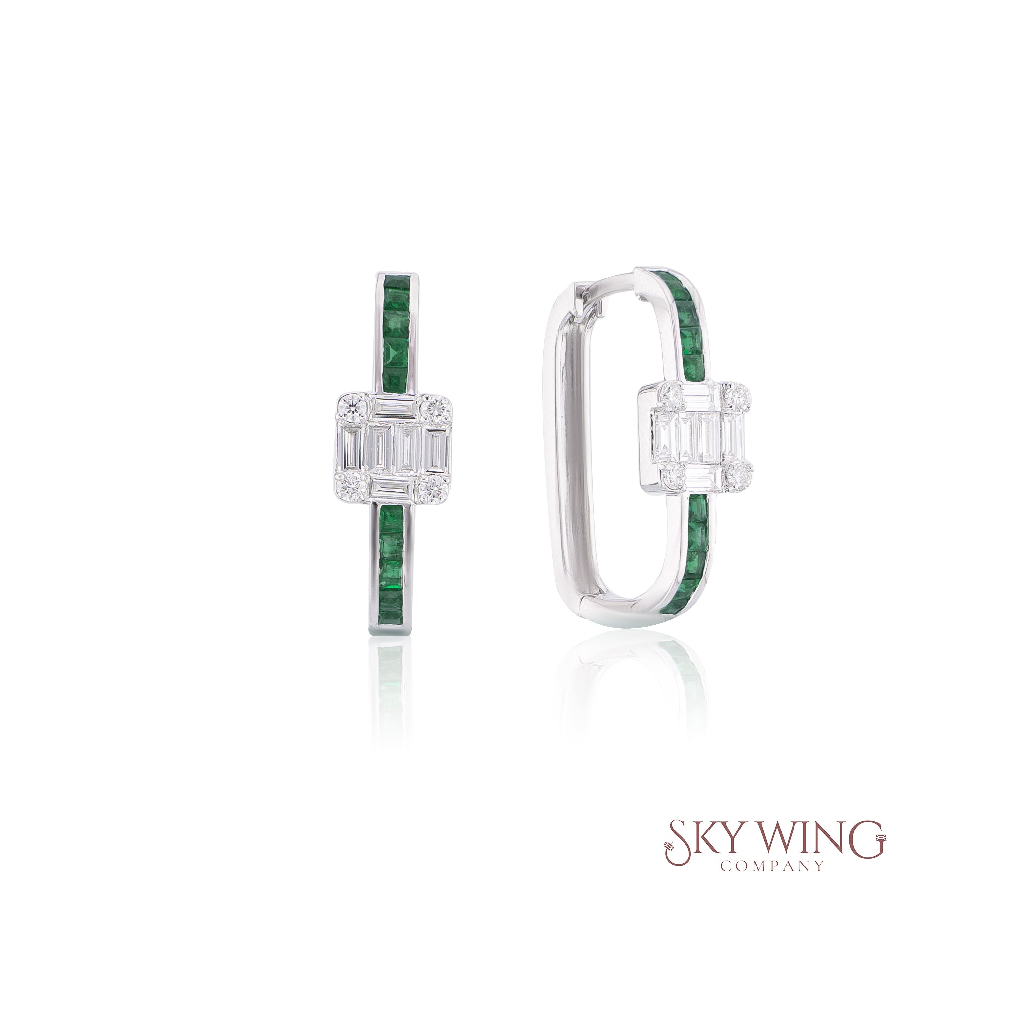 DIAMOND AND PRINCESS CUT EMERALD OVAL SHAPED HOOP