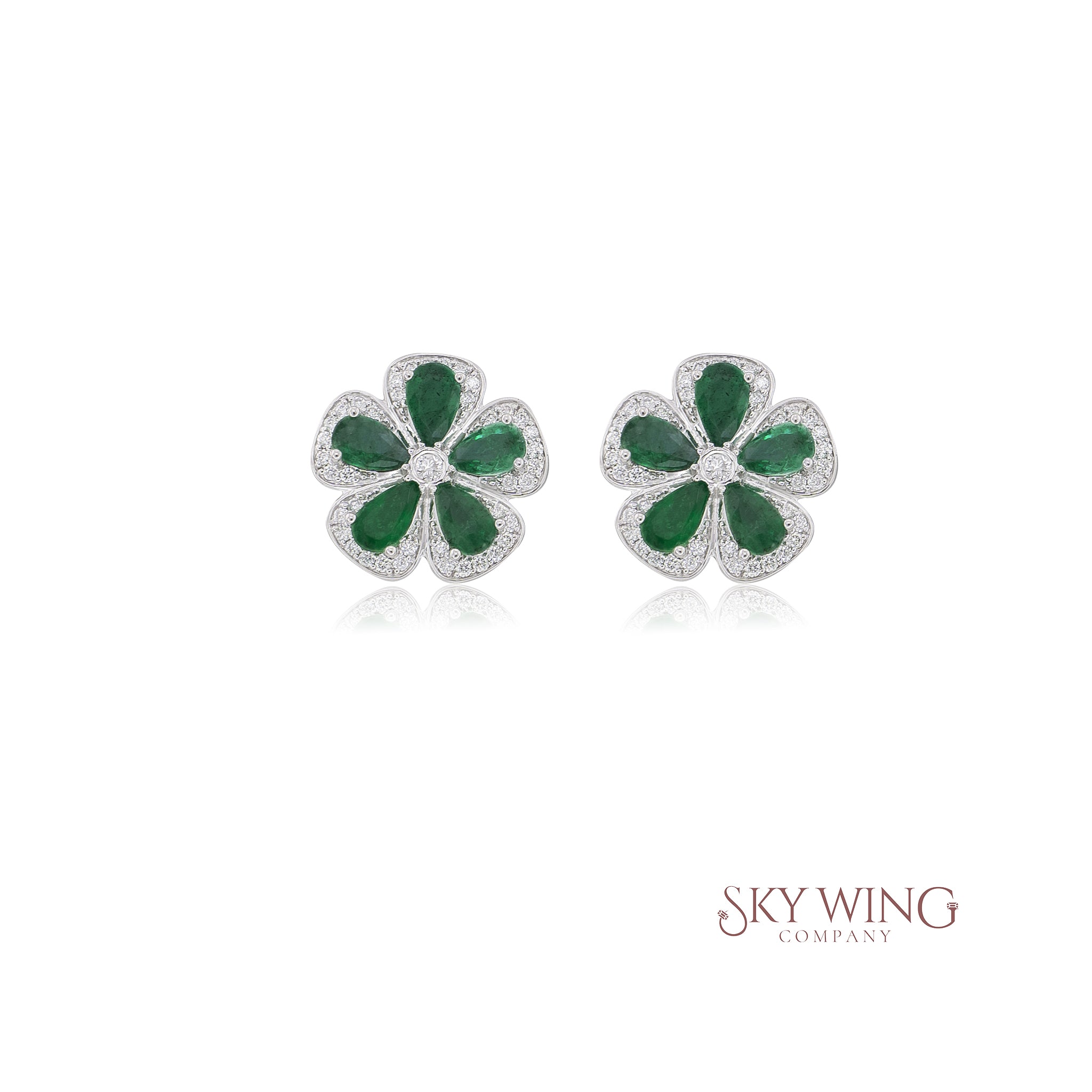 EMERALD AND DIAMOND FLOWER STUDD EARRINGS