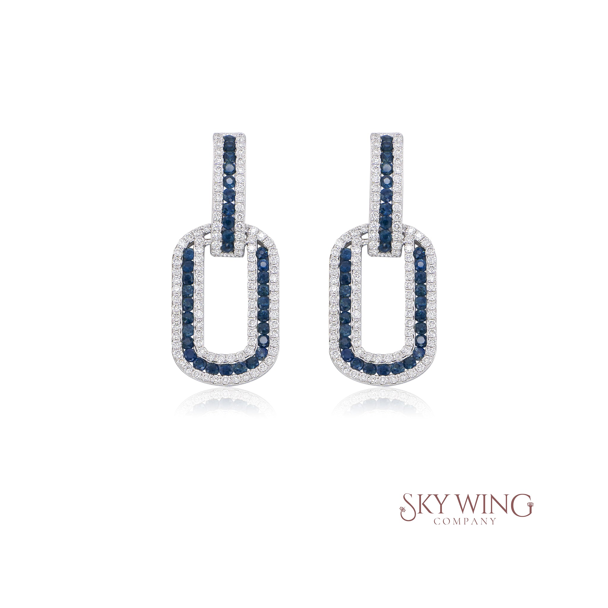 DIAMOND AND BLUE SAPPHIRE PAPERCLIP CHAIN LINK HOOP EARRINGS
