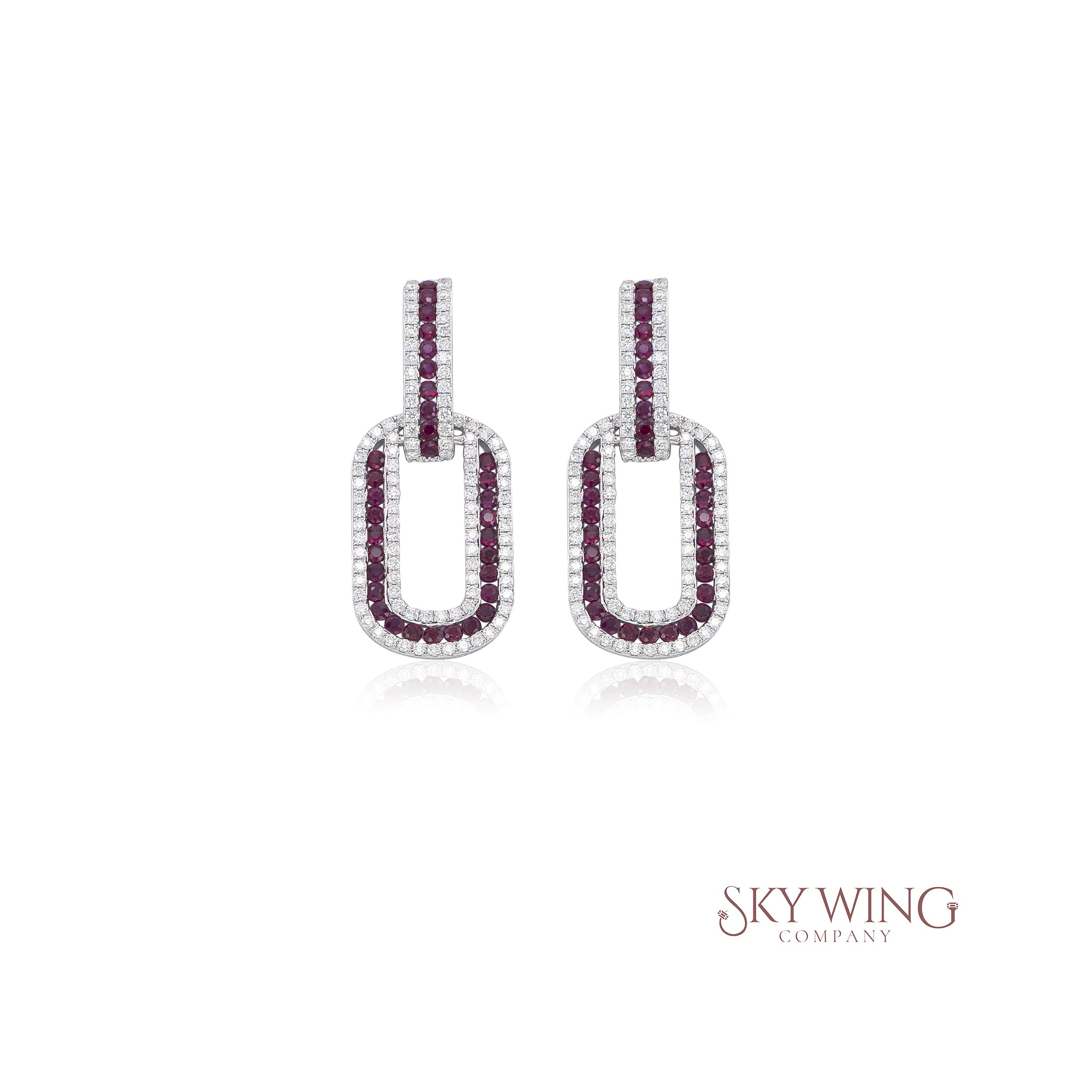 DIAMOND AND BLUE SAPPHIRE PAPERCLIP CHAIN LINK HOOP EARRINGS
