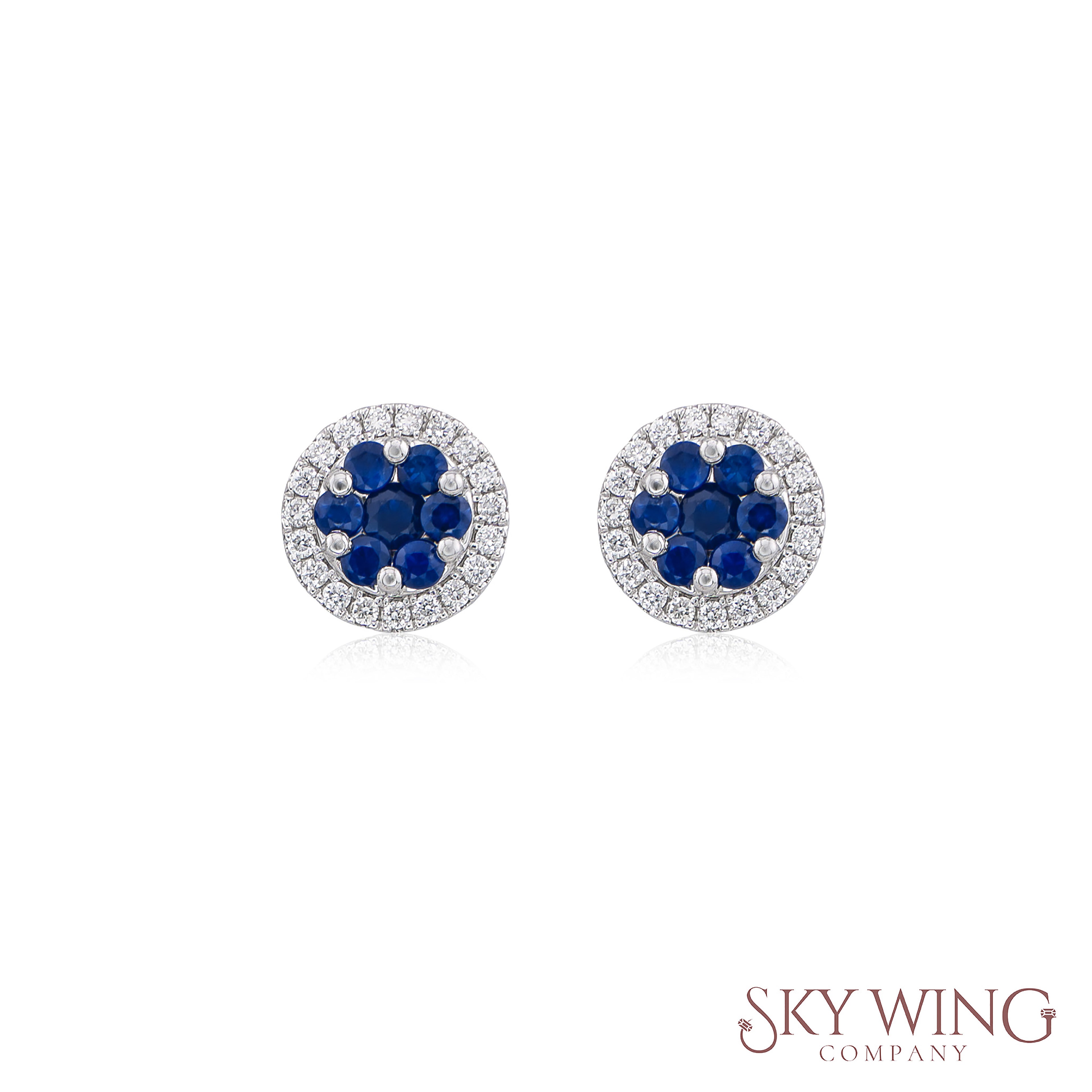 DIAMOND AND ROUND BLUE SAPPHIRE STUDD EARRINGS