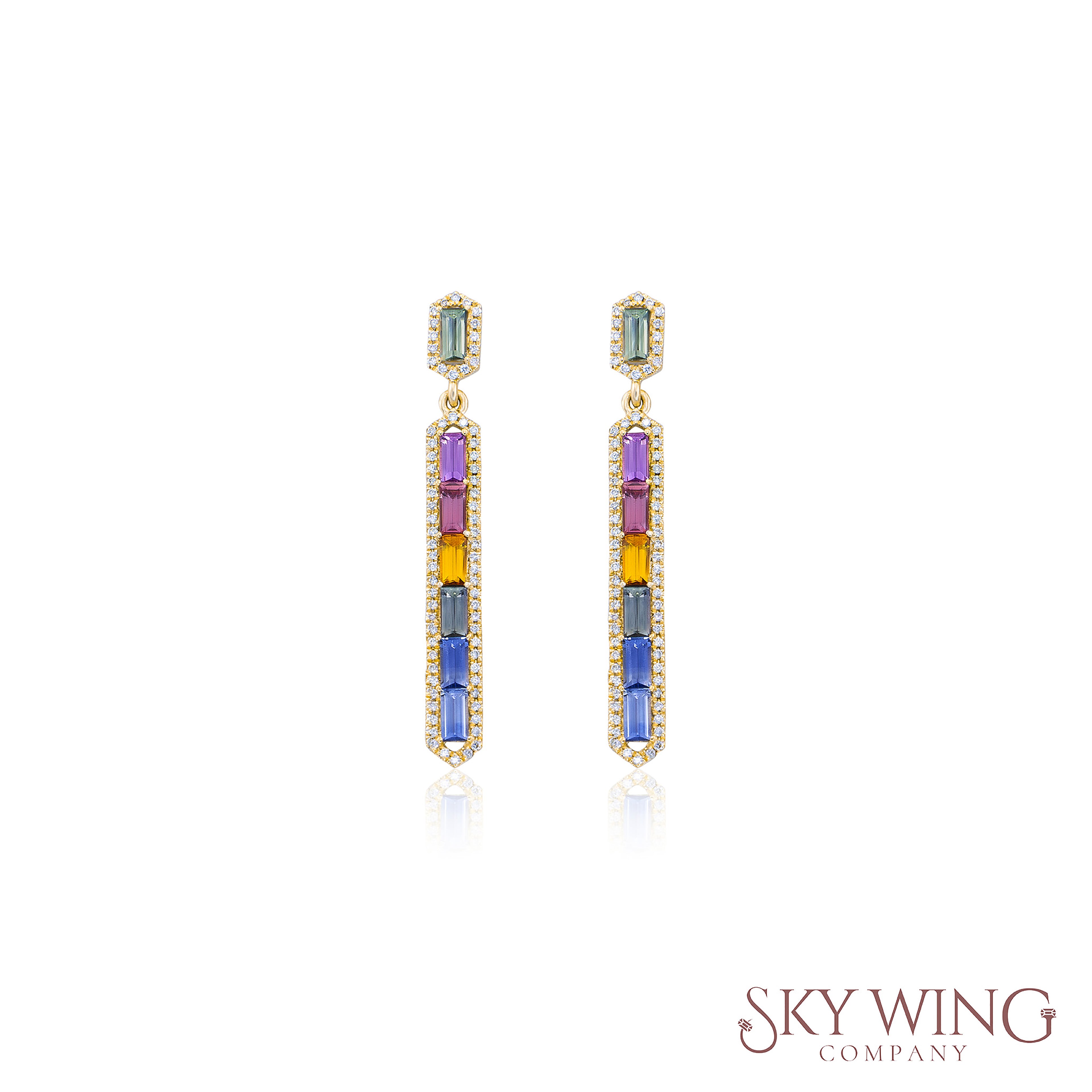 DIAMOND AND MULTI SAPPHIRE BAGUETTE LONG EARRINGS