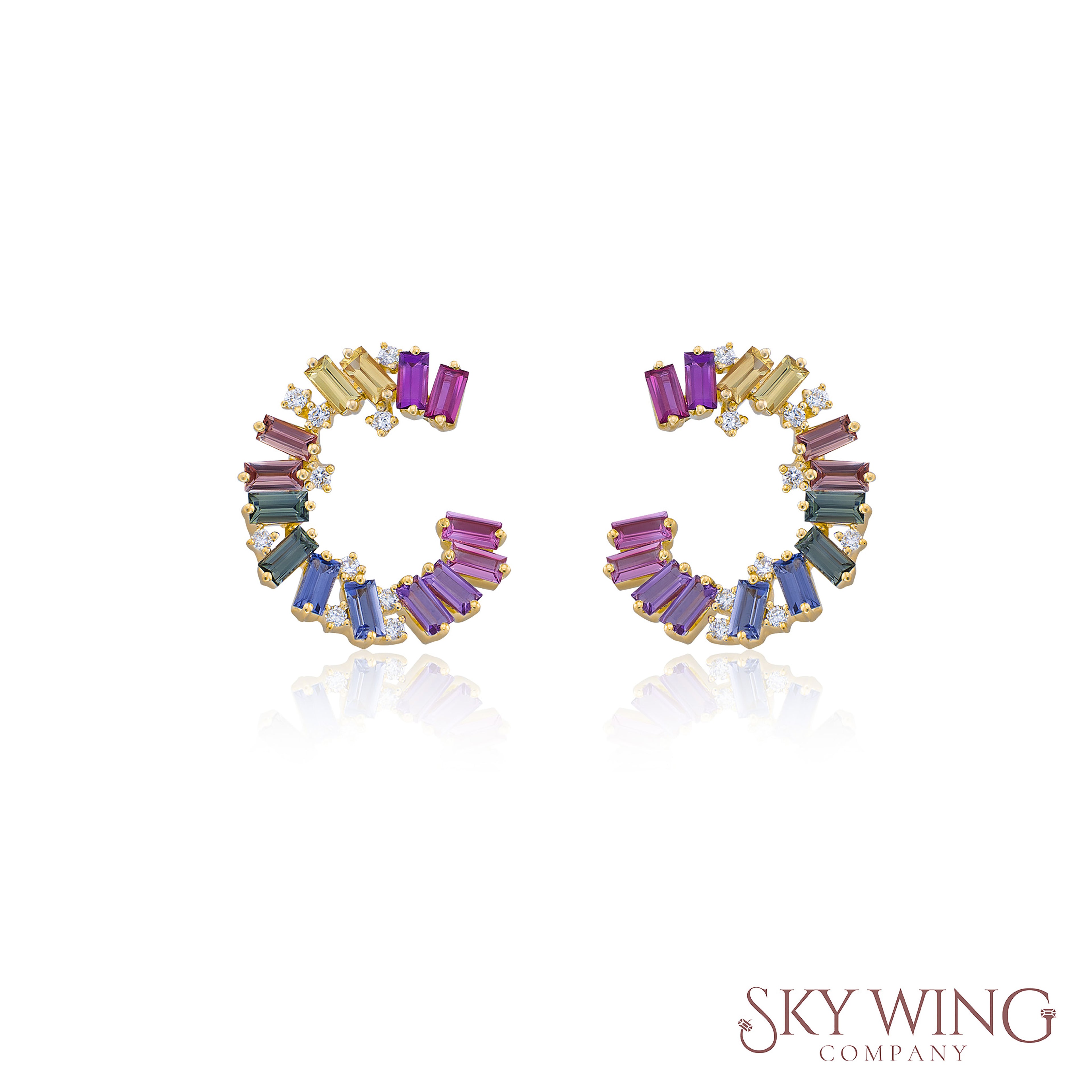 DIAMOND AND MULTI SAPPHIRE HALF CIRCLE HOOP EARRINGS