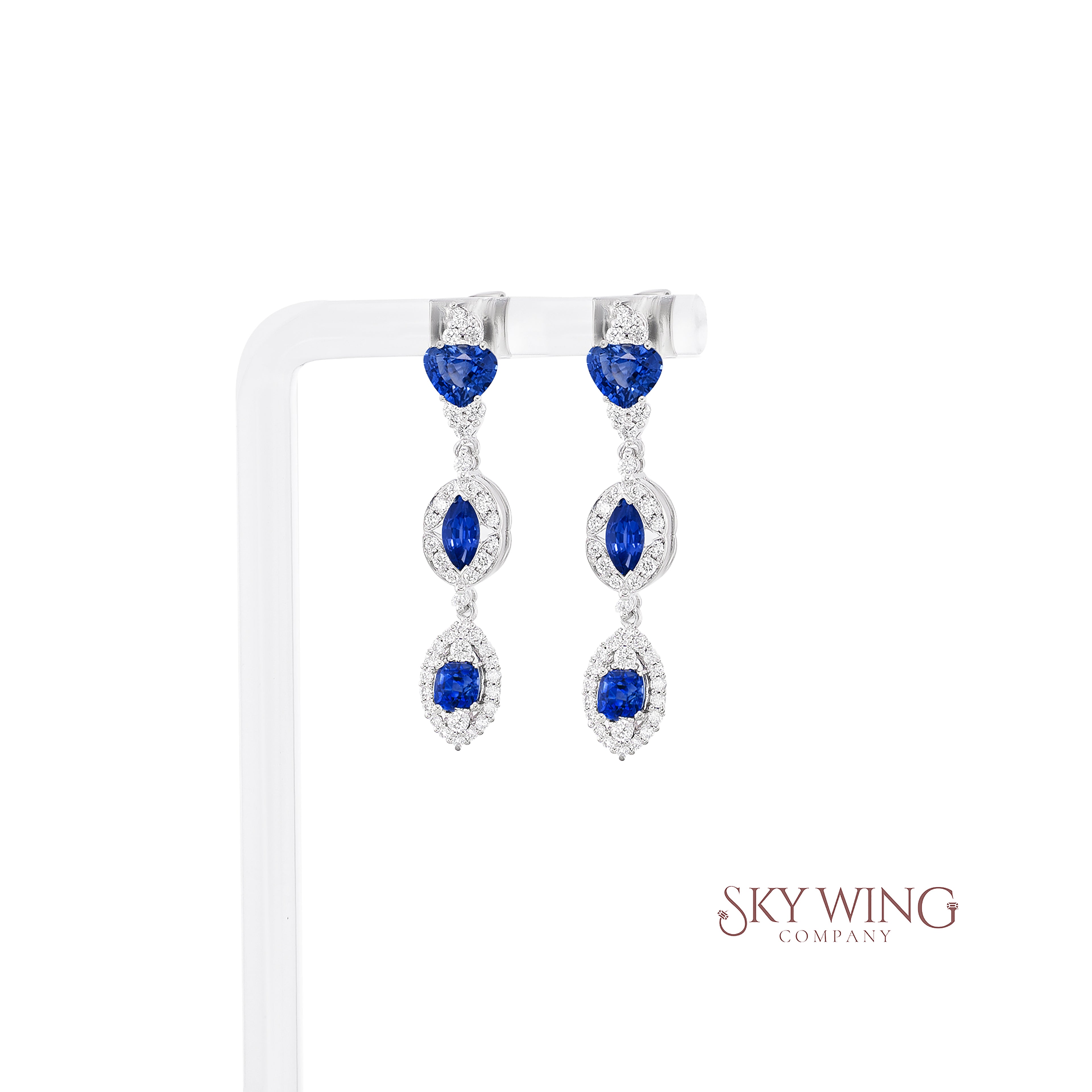 DIAMOND AND PEAR SHAPED BLUE SAPPHIRE 3 DROP EARRING