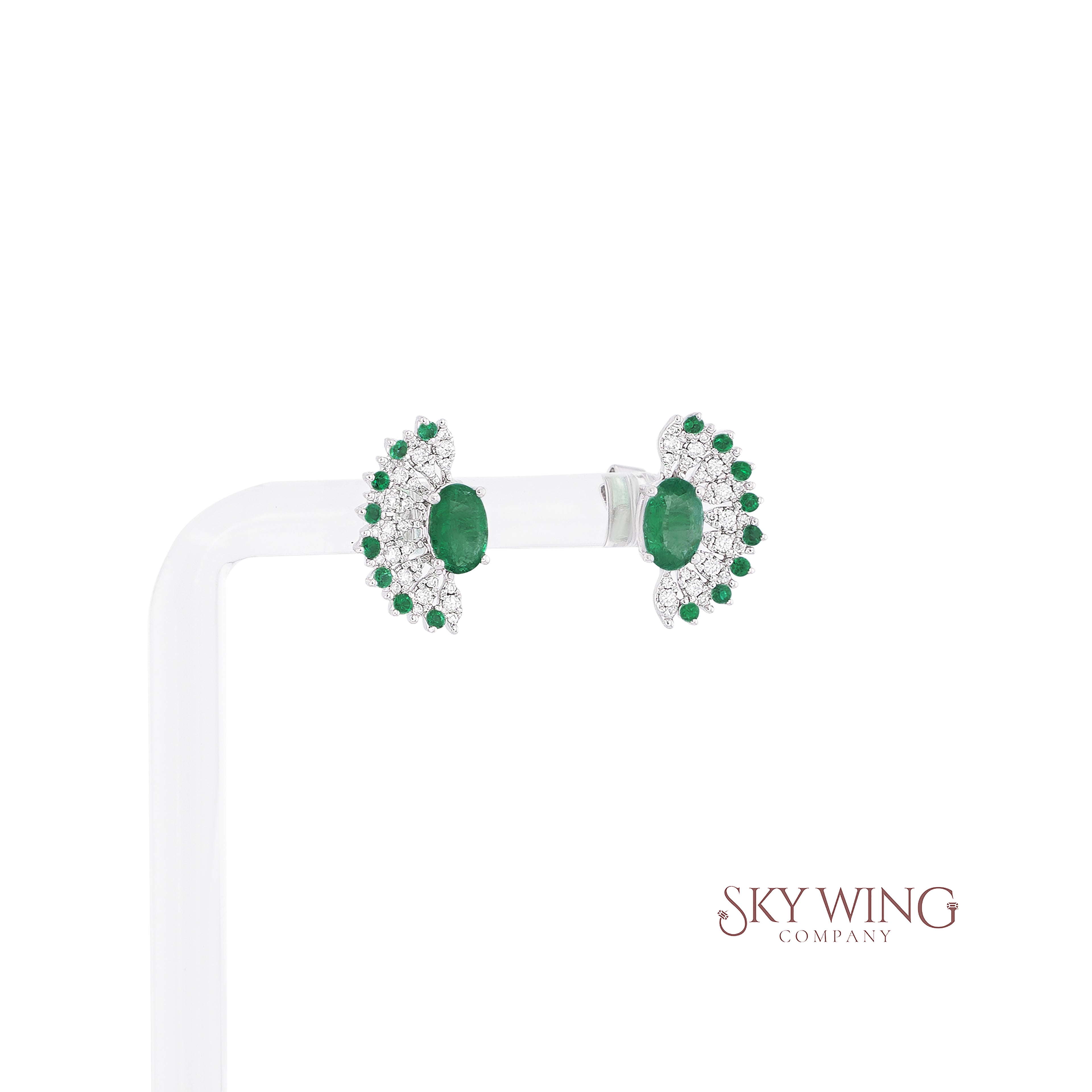 DIAMOND ROUND AND OVAL EMERALD FAN EARRING