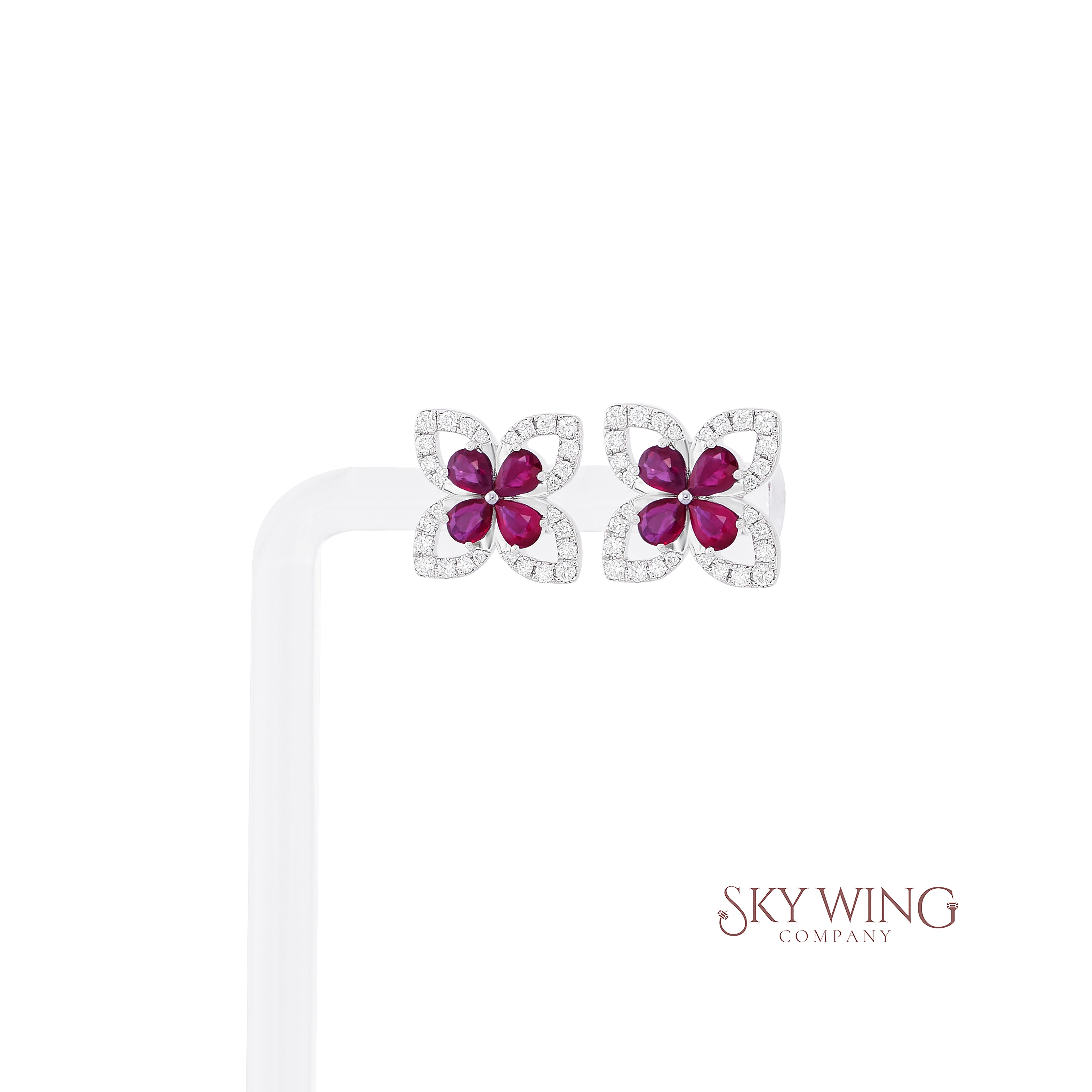 DIAMOND AND PEAR SHAPED RUBY FLOWER EARRING