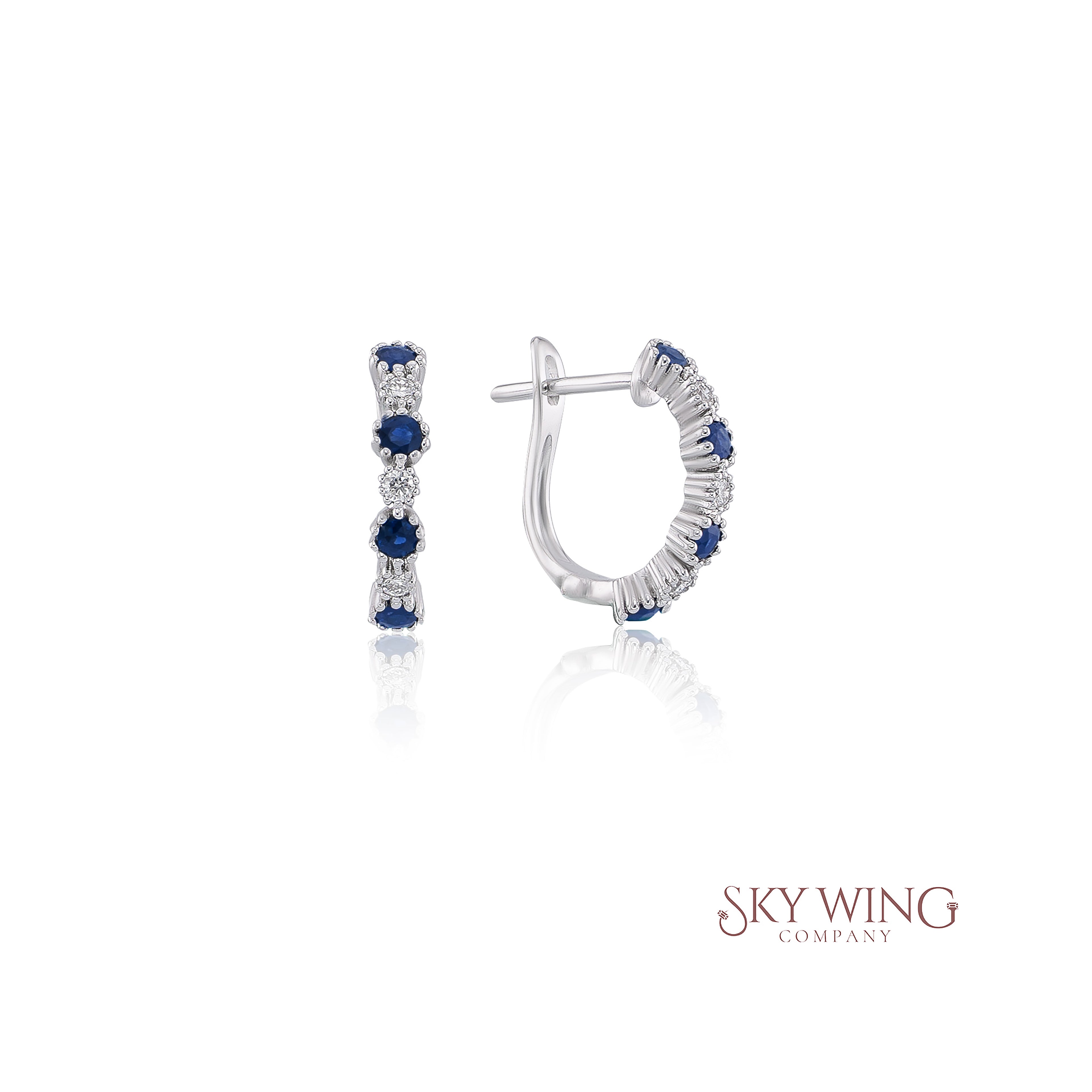 DIAMOND AND BLUE SAPPHIRE U SHAPED HOOP EARRING