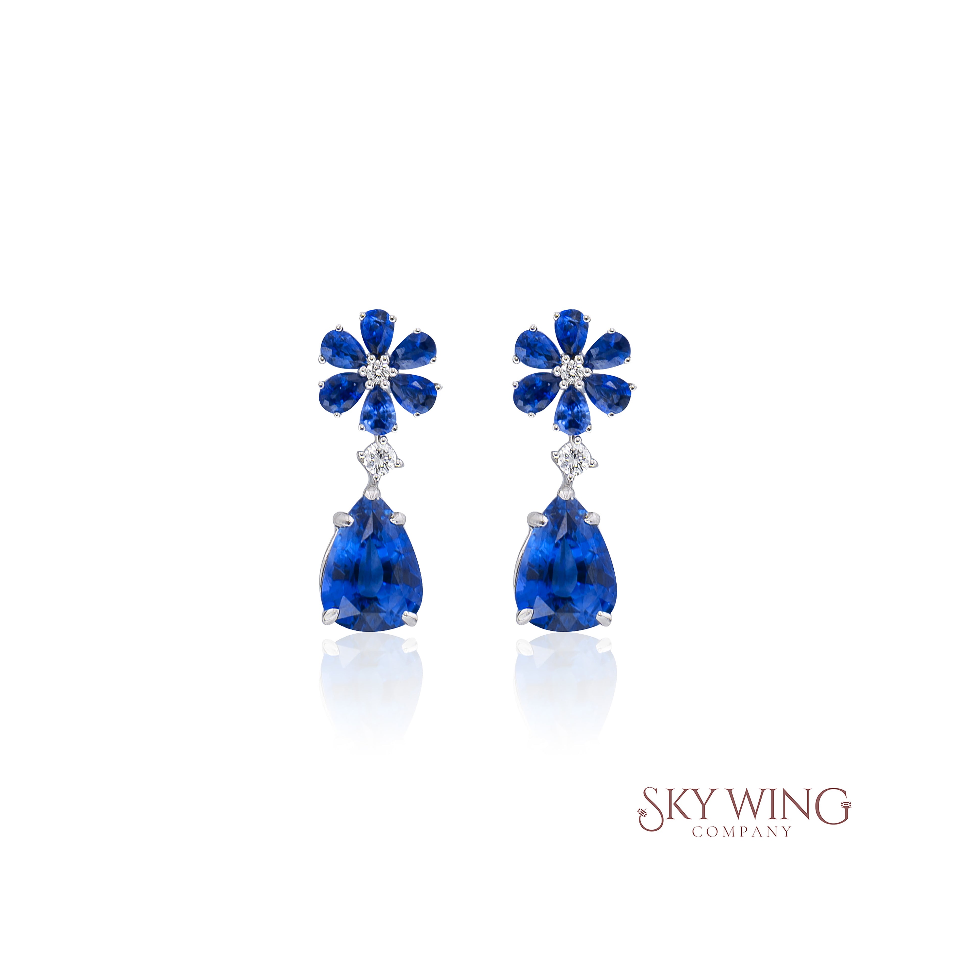 BLUE SAPPHIRE 6 PEAR SHAPED AND ROUND DIAMOND DANGLER EARRING