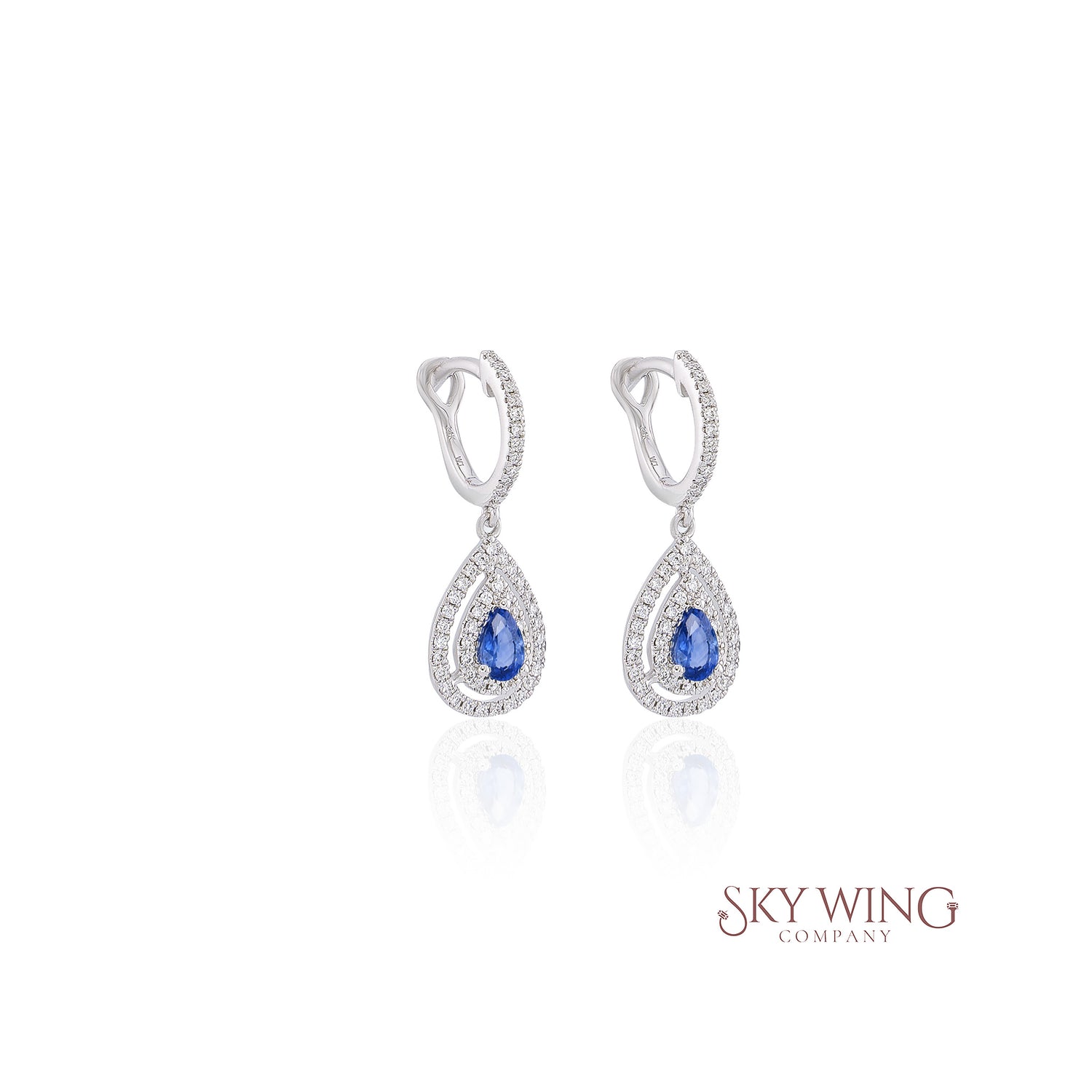 PEAR SHAPED DOUBLE DIAMOND HALO BLUE SAPPHIRE DROP EARRINGS