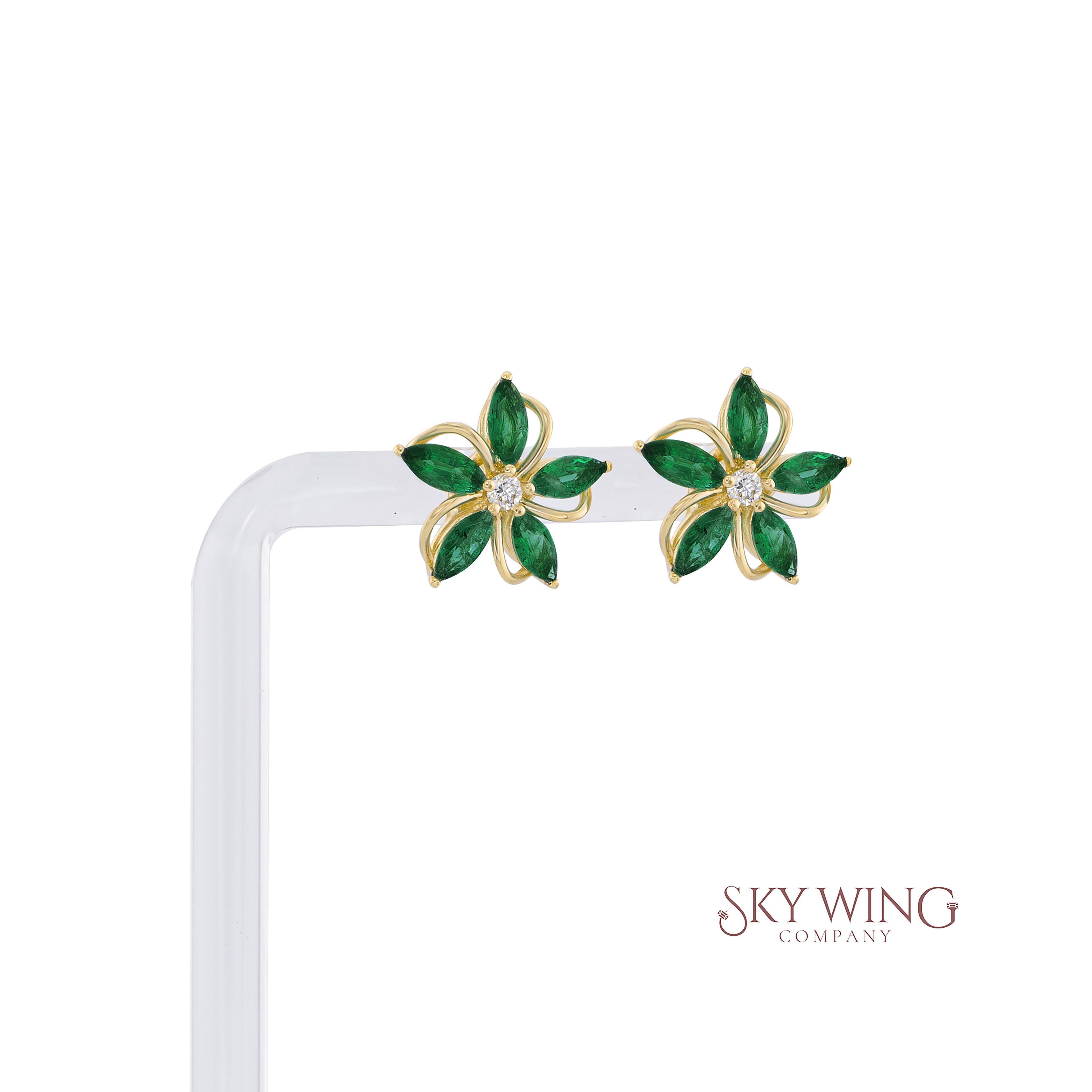 EMERALD 5 PETAL MARQUISE AND ROUND DIAMOND STUDD EARRINGS