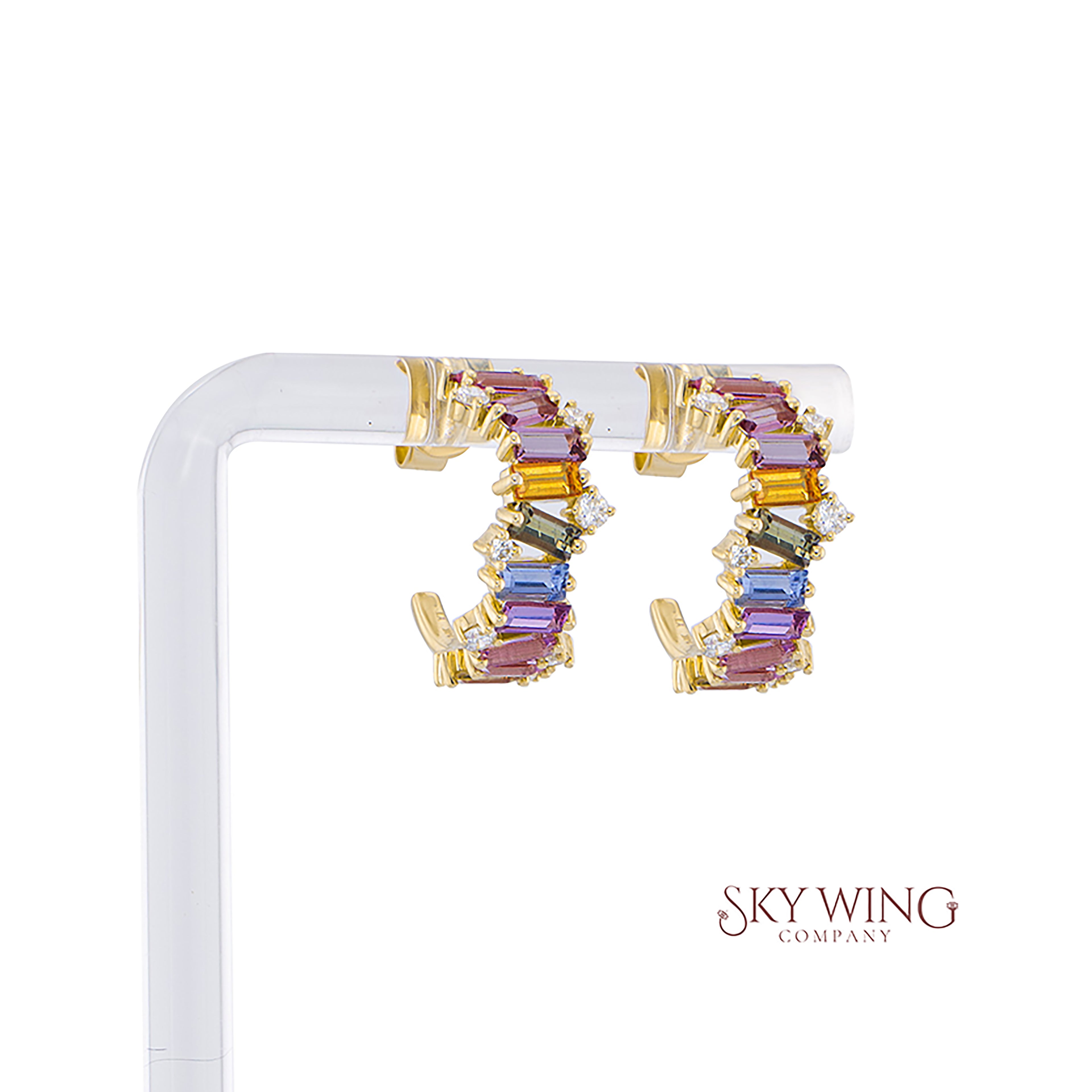 ROUND DIAMOND AND MULTI SAPPHIRE BAGUETTE HOOPS EARRING