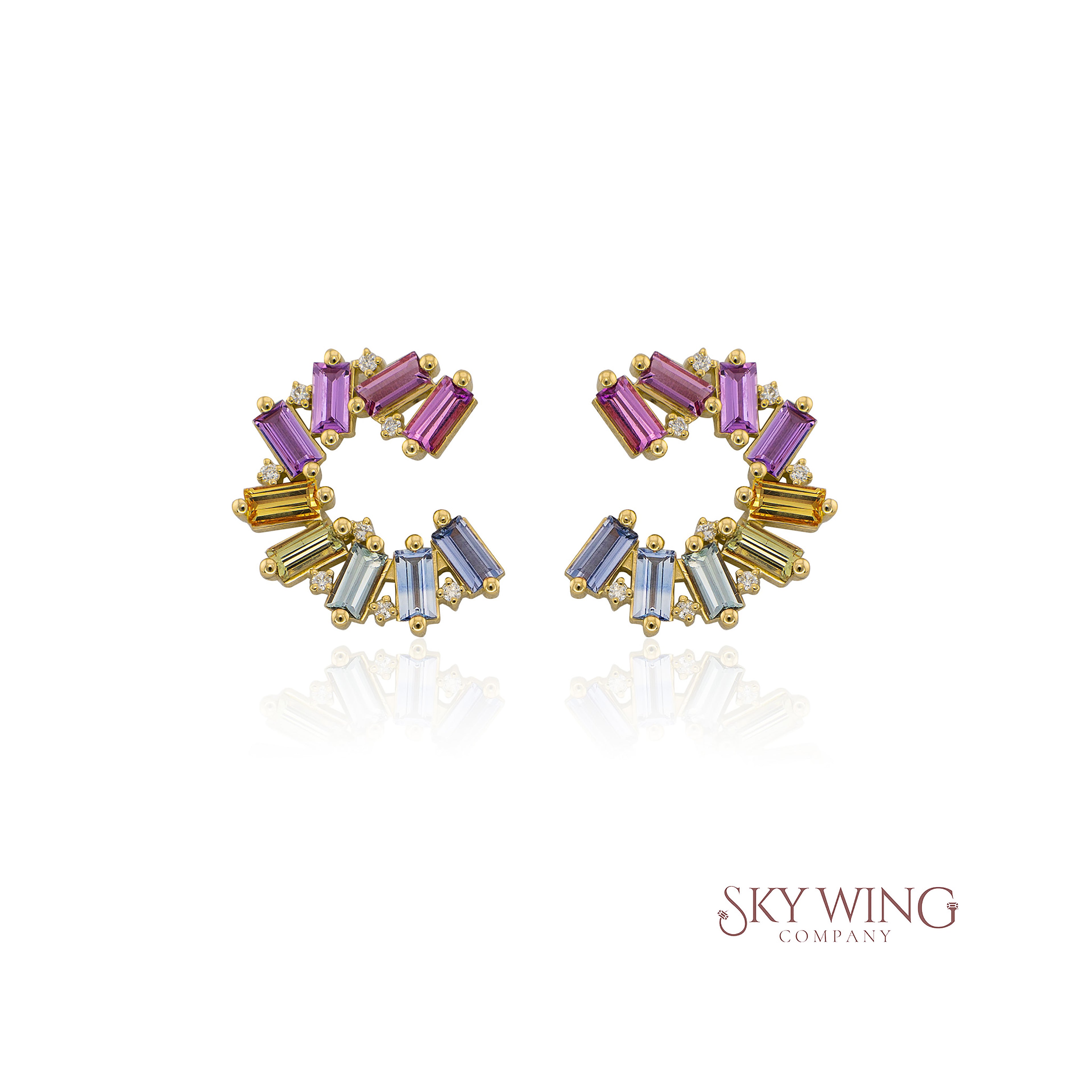 DIAMOND AND MULTI SAPPHIRE HALF CIRCLE HOOP EARRINGS