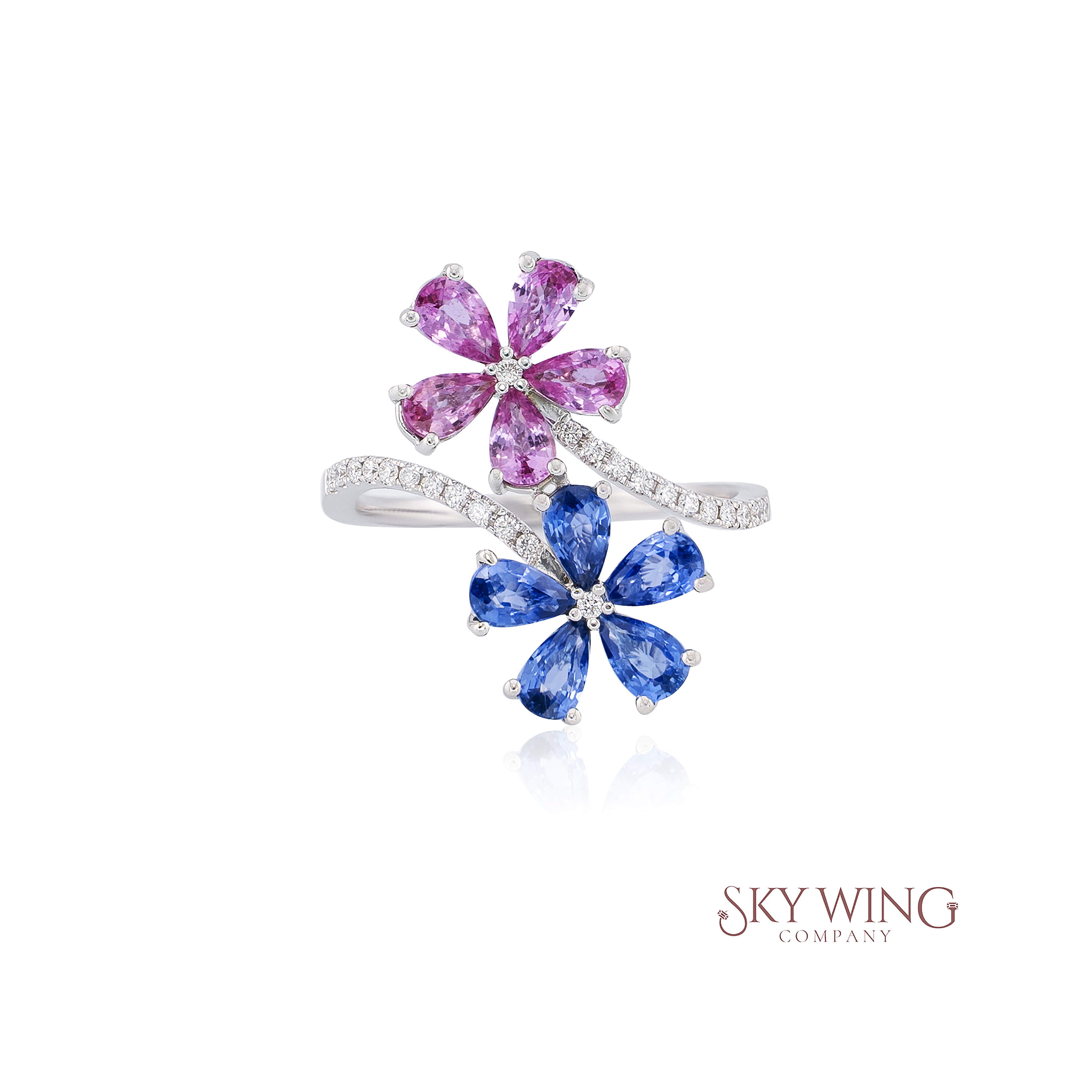 DIA: & MULTISAPPHIRE FLOWER PETAL BYPASS RING