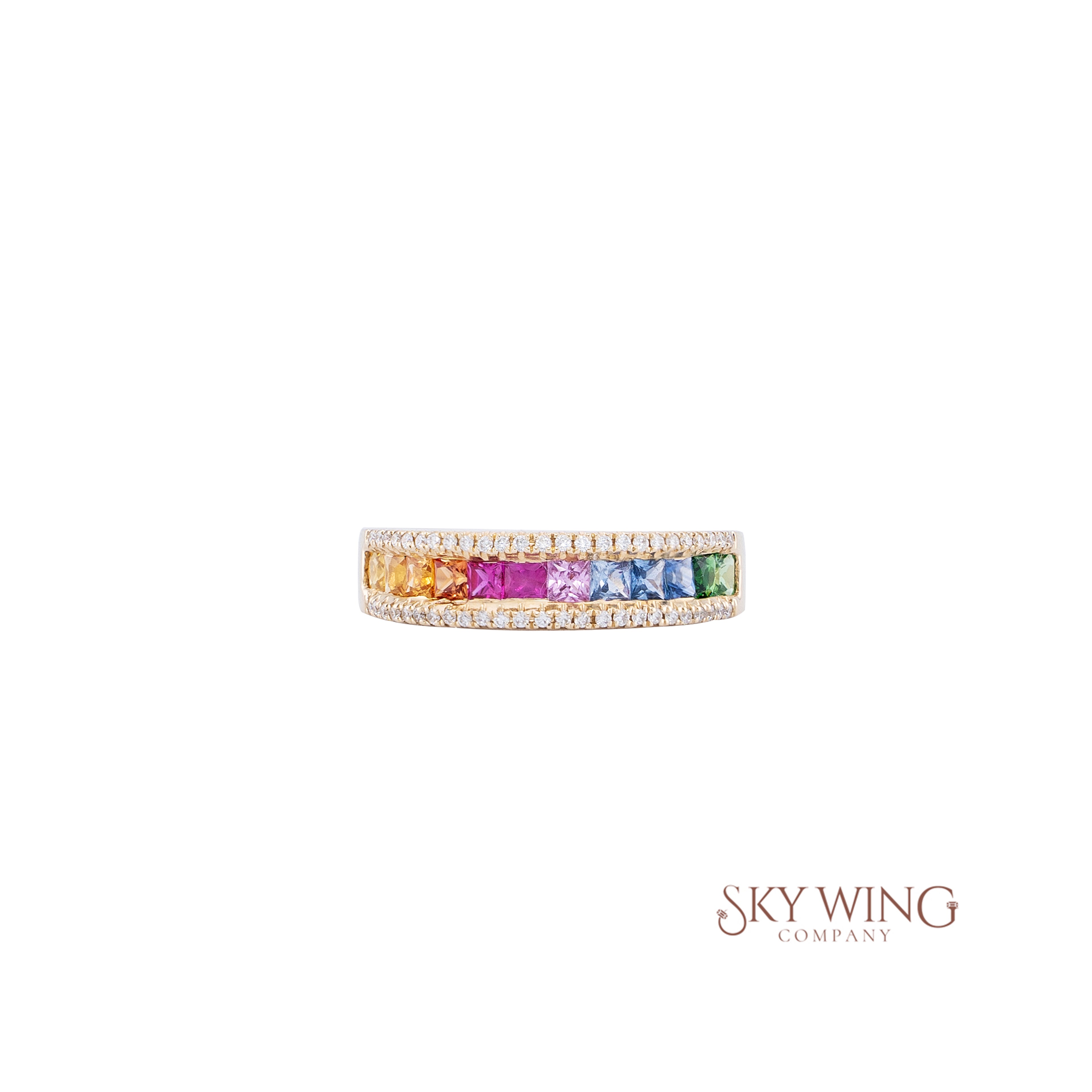 SQUARE MULTI SAPPHIRE AND ROUND DIAMOND BAND RING