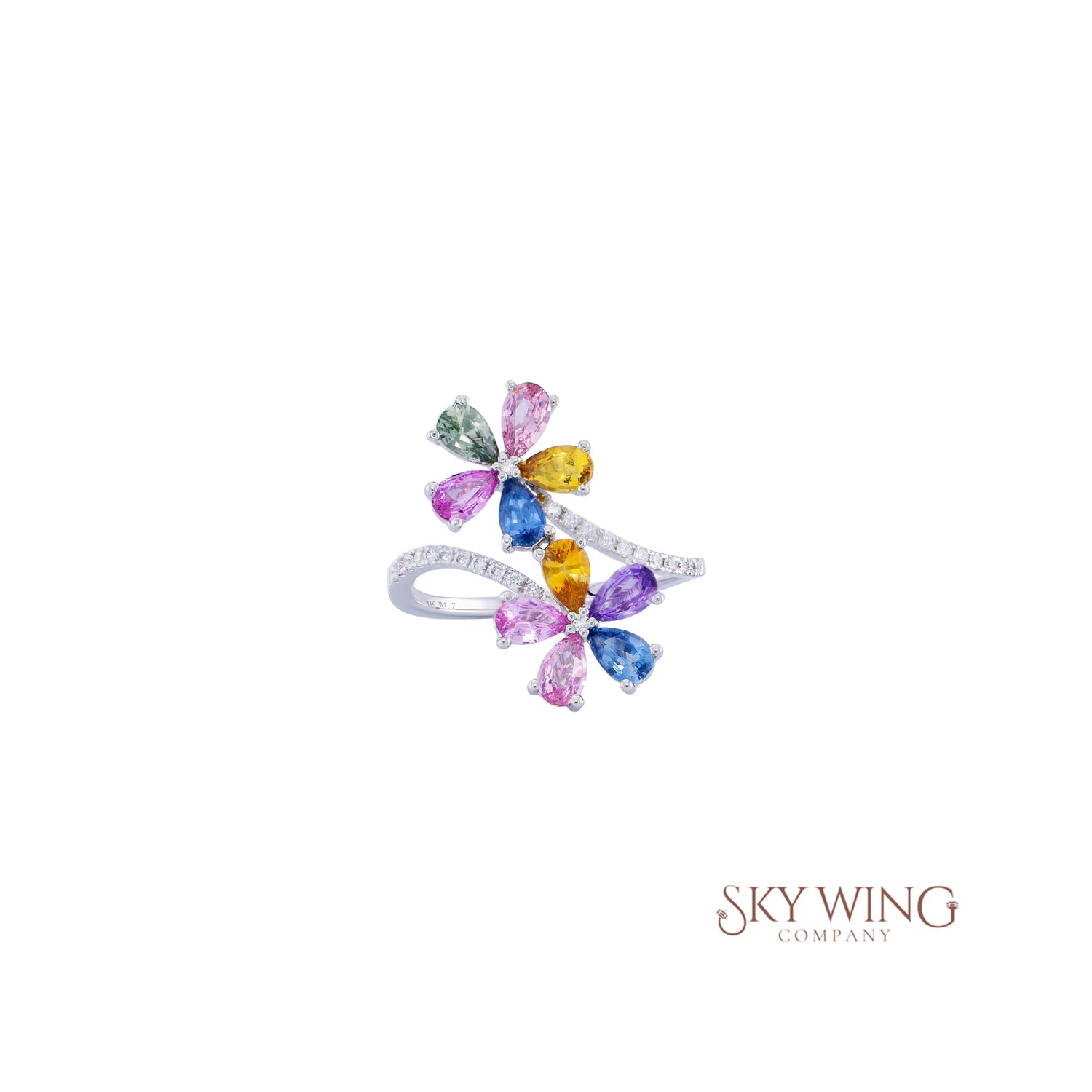 DIA: & MULTISAPPHIRE FLOWER PETAL BYPASS RING