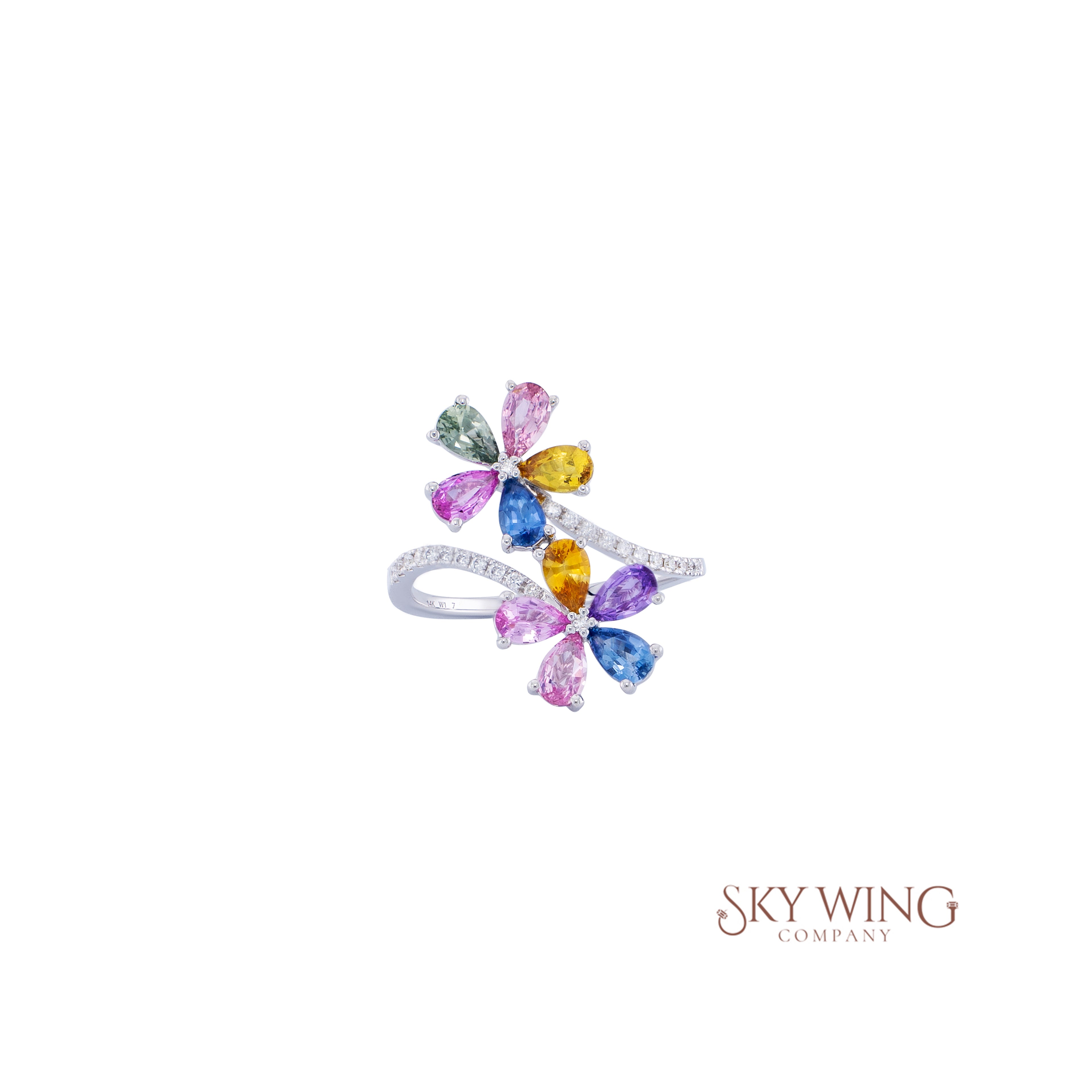DIA: & MULTISAPPHIRE FLOWER PETAL BYPASS RING