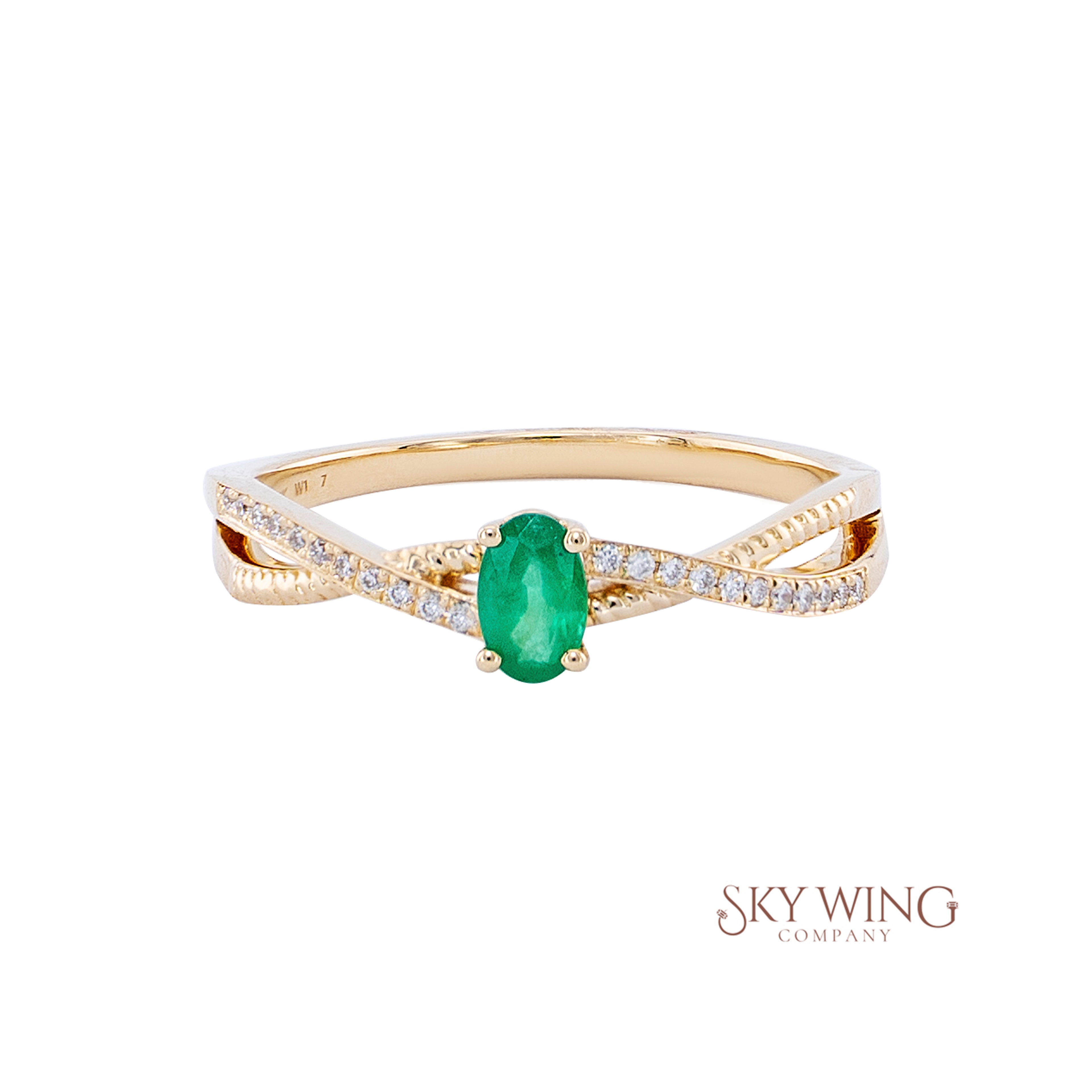 DIA: & OVAL EMERALD CRISSCROSS RING