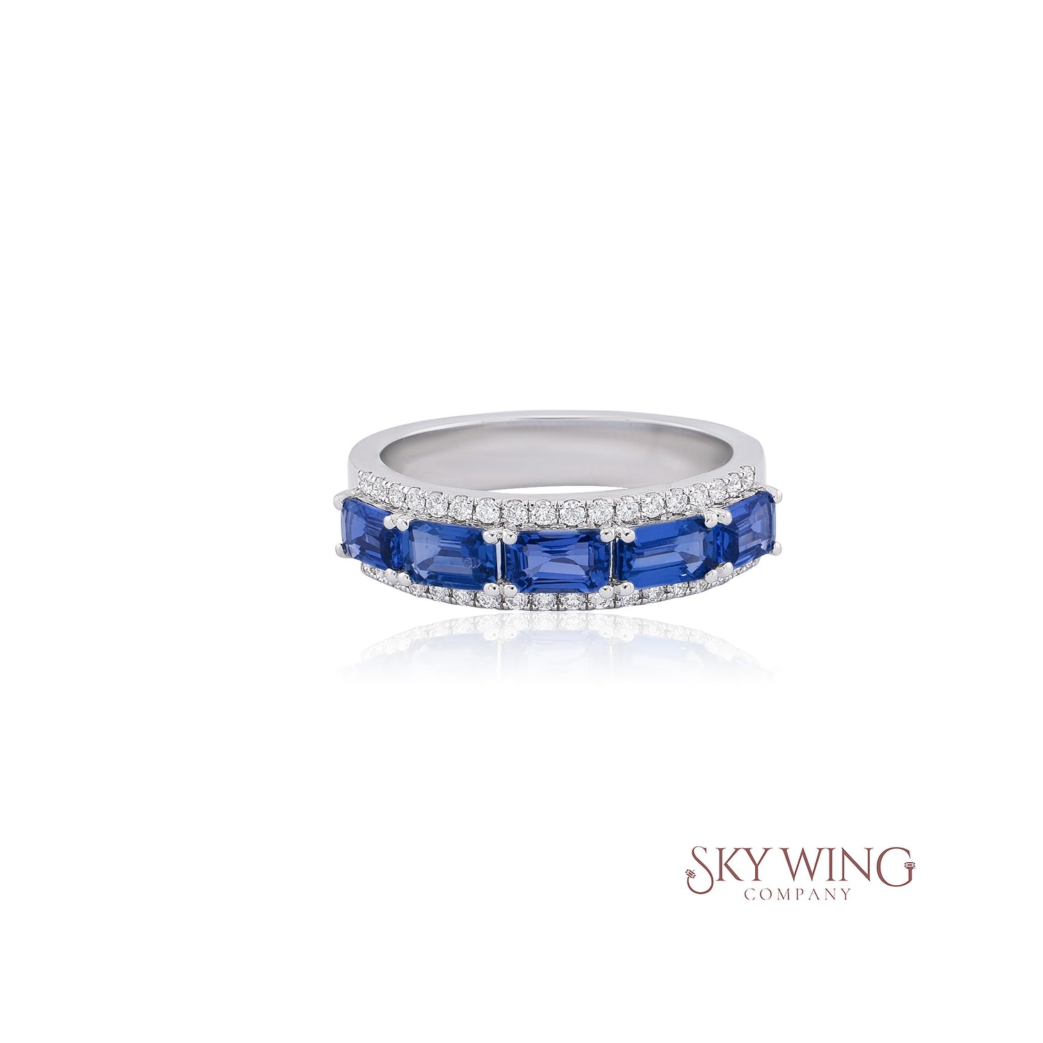 OCTAGON BLUE SAPPHIRE AND ROUND DIAMOND FANCY BAND RING