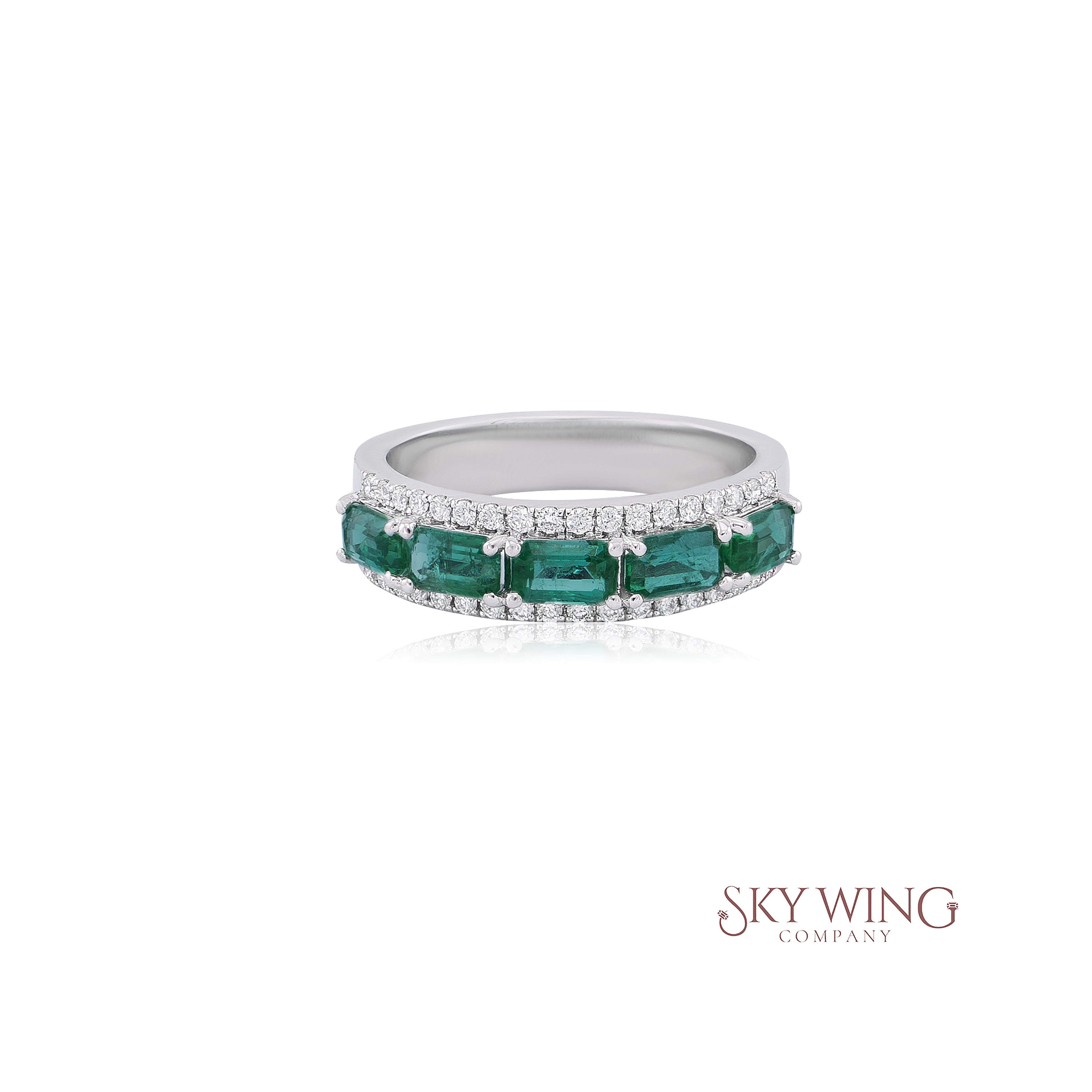 OCTAGON EMERALD AND ROUND DIAMOND FANCY BAND RING