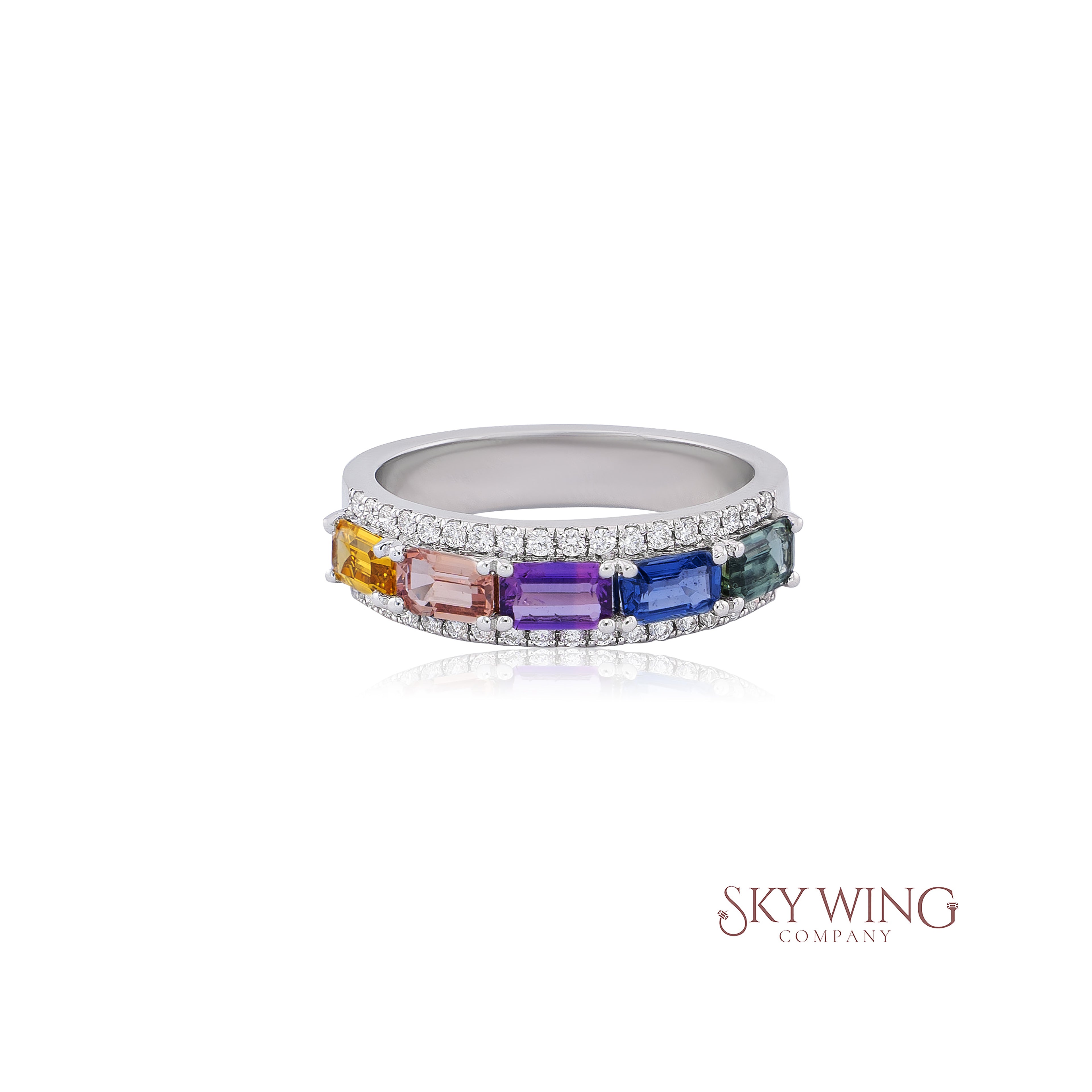 OCTAGON MULTI SAPPHIRE AND ROUND DIAMOND FANCY BAND RING