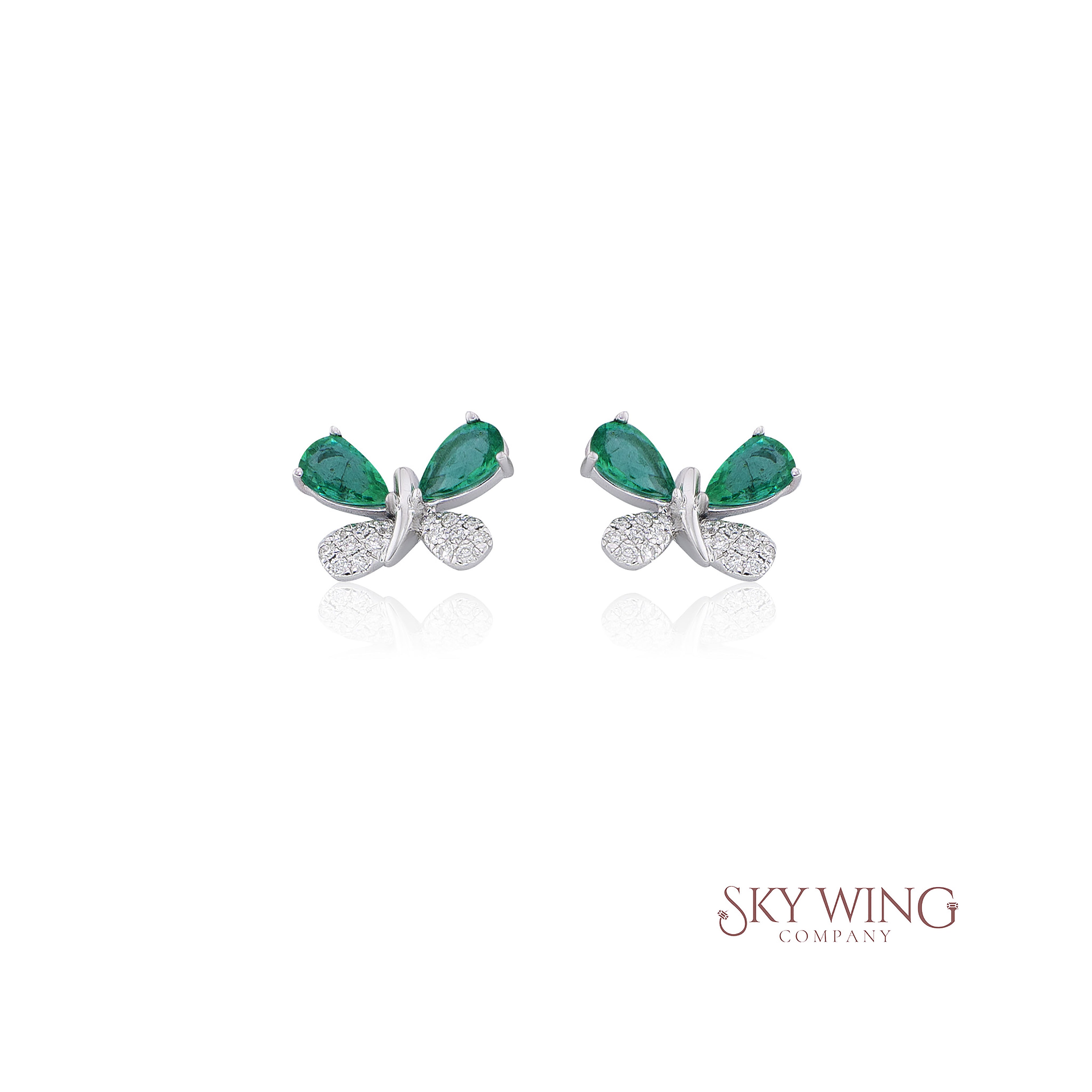 DIAMOND AND EMERALD PEAR SHAPED BUTTERFLY STUD EARRING