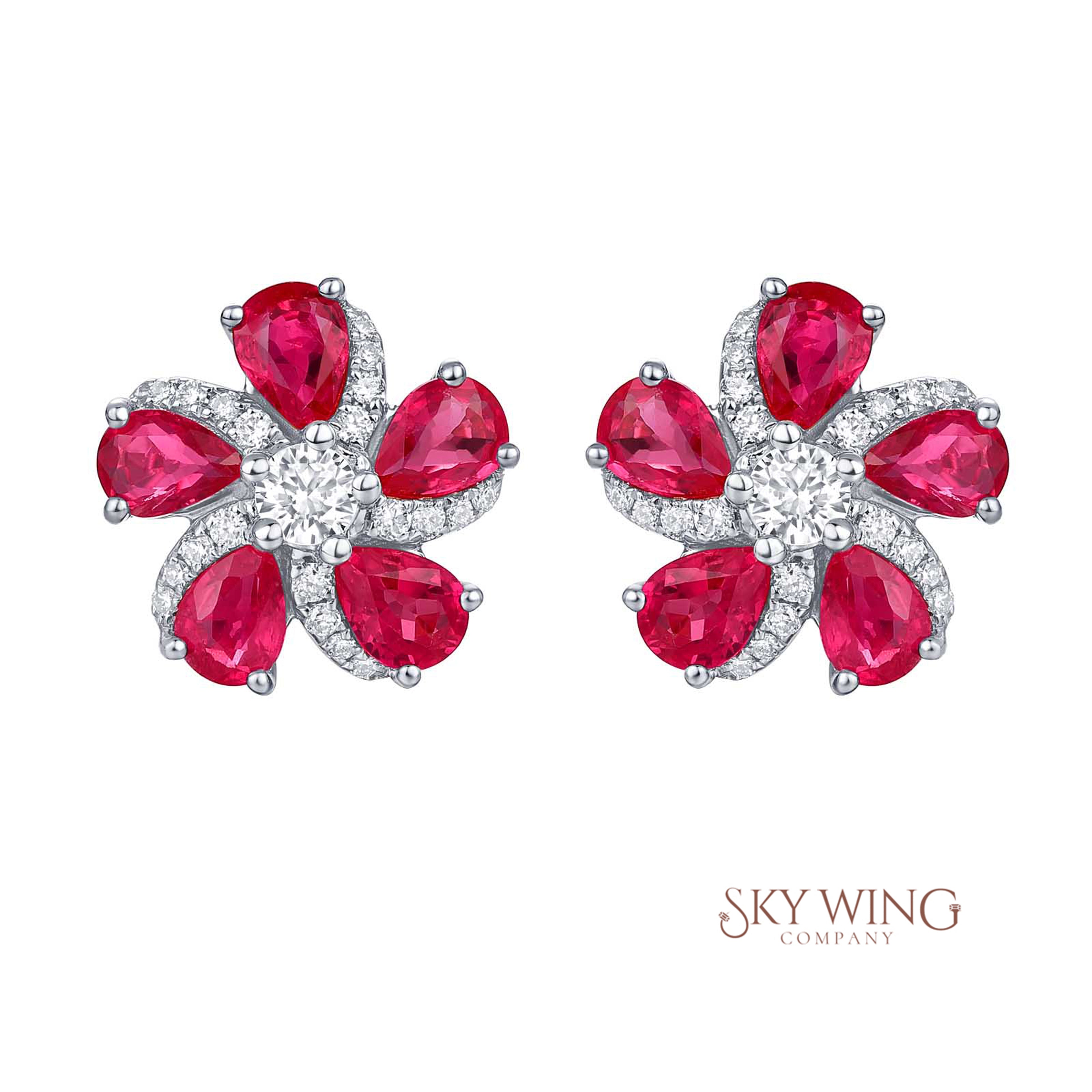 DIAMOND AND RUBY PEAR SHAPED FLOWER EARRING