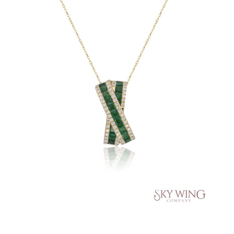 PRINCESS CUT EMERALD &amp; ROUND DIAMOND CRISS CROSS PENDANT