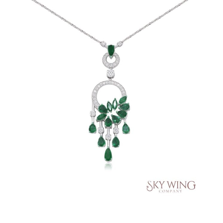EMERALD AND DIAMOND 2 CIRCLE DANGLER NECKLACE