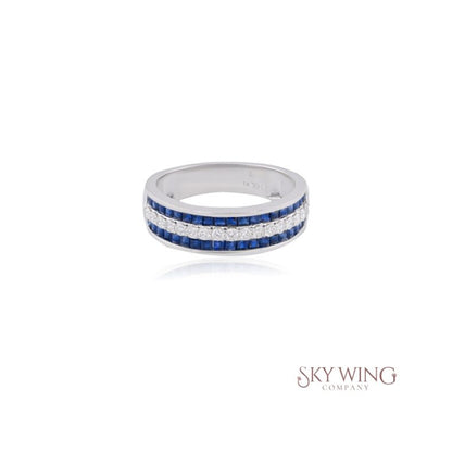 2 LINE BLUE SAPPHIRE AND DIAMOND RING