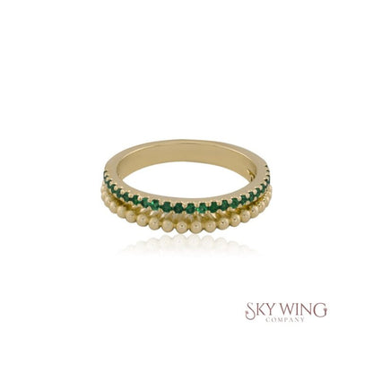 EMERALD AND BEADED BAND RING