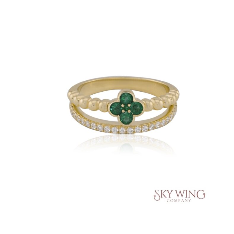 DIAMOND 4 LEAF CLOVER BEADED BAND RING