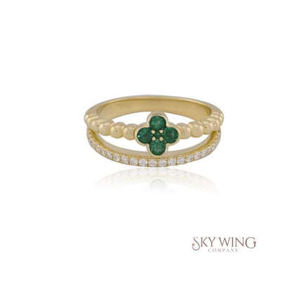 DIAMOND 4 LEAF CLOVER BEADED BAND RING