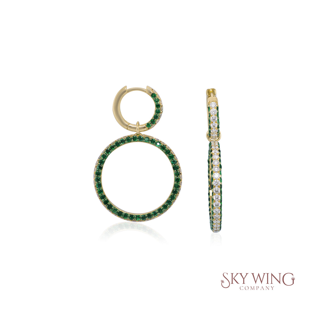 EMERALD AND DIAMOND CHAIN LINKED HOOPS