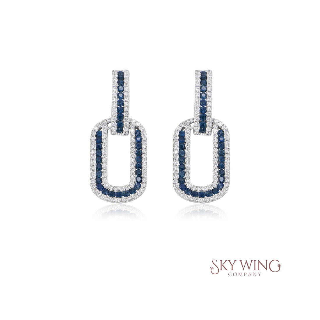 DIAMOND AND BLUE SAPPHIRE PAPERCLIP CHAIN LINK HOOP EARRINGS