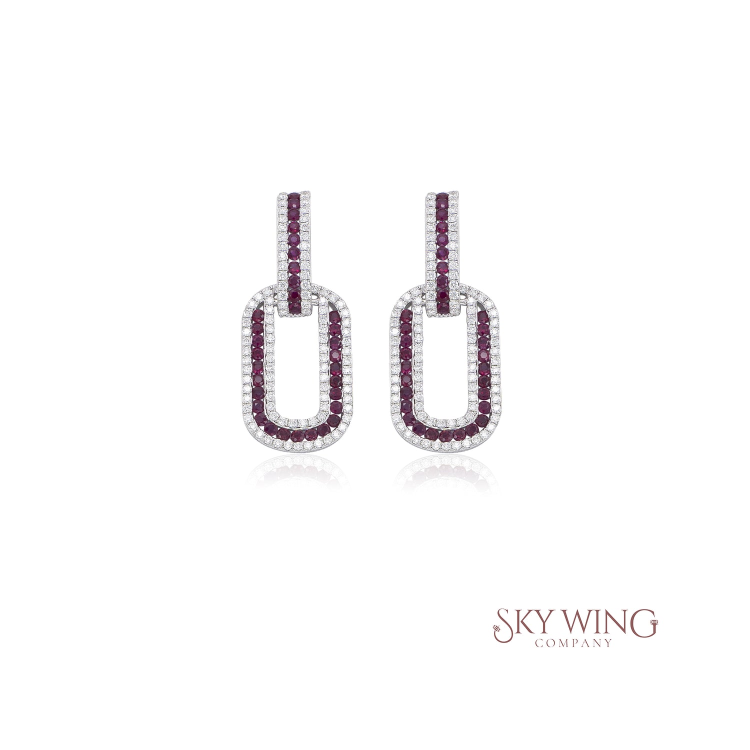 DIAMOND AND BLUE SAPPHIRE PAPERCLIP CHAIN LINK HOOP EARRINGS
