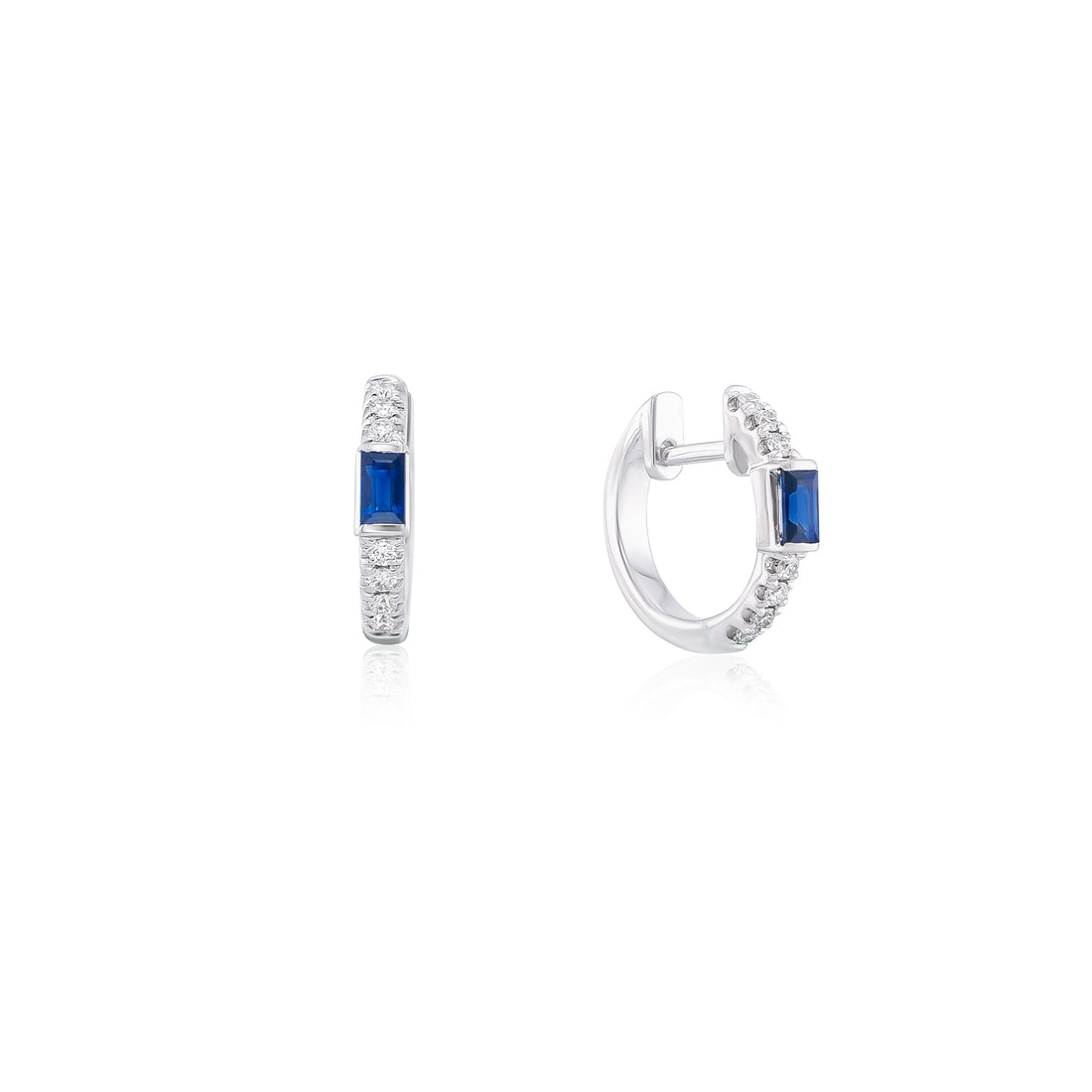 DIA &amp; BLUE SAPPHIRE BAGUETTE HUGGY EARRING