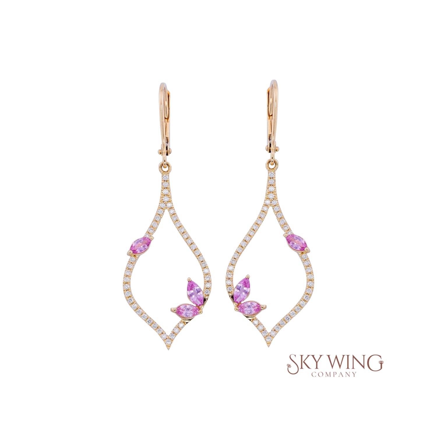 DIA ROUND &amp;  MARQUISE PINK SAPPHIRE PEAR SHAPED EARRING