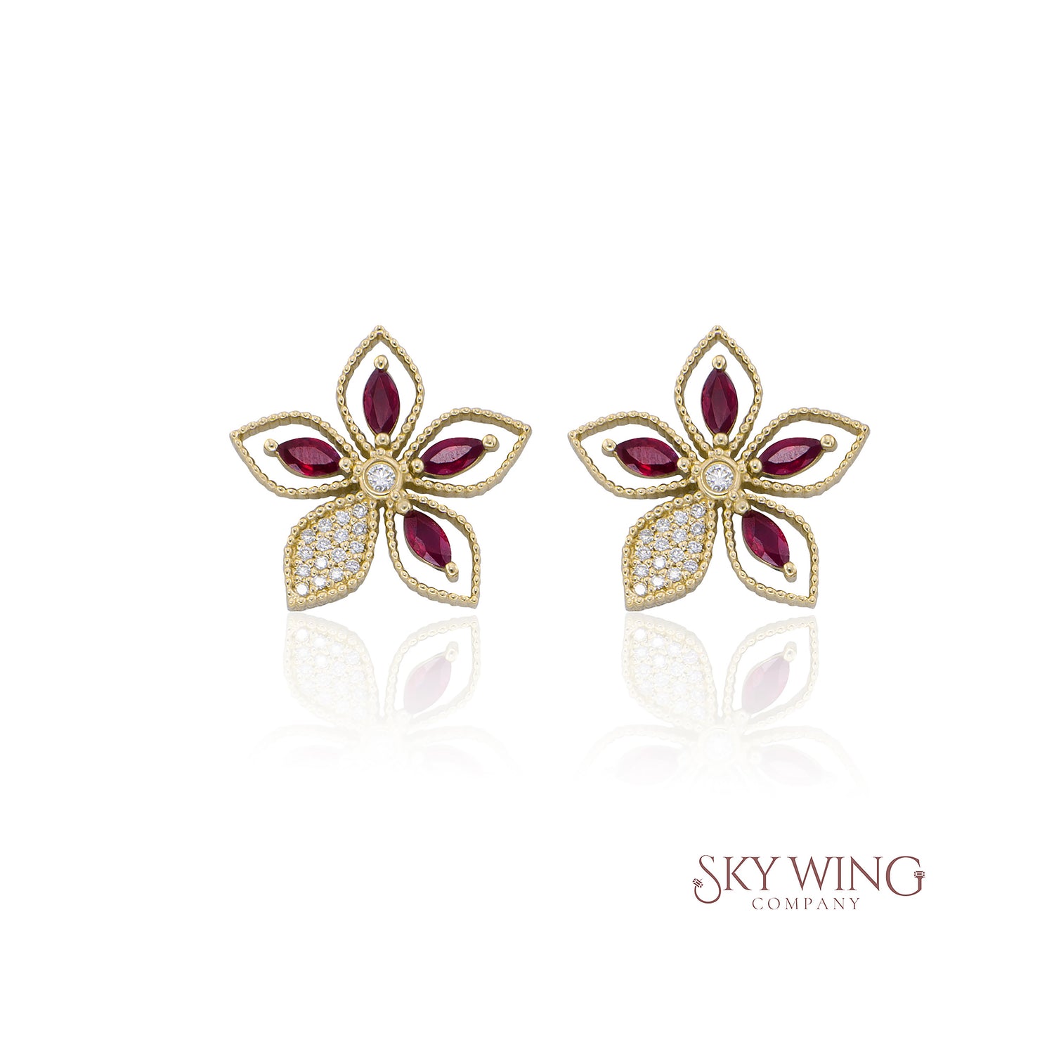 5 LEAF RUBY AND DIAMOND STUDD EARRING