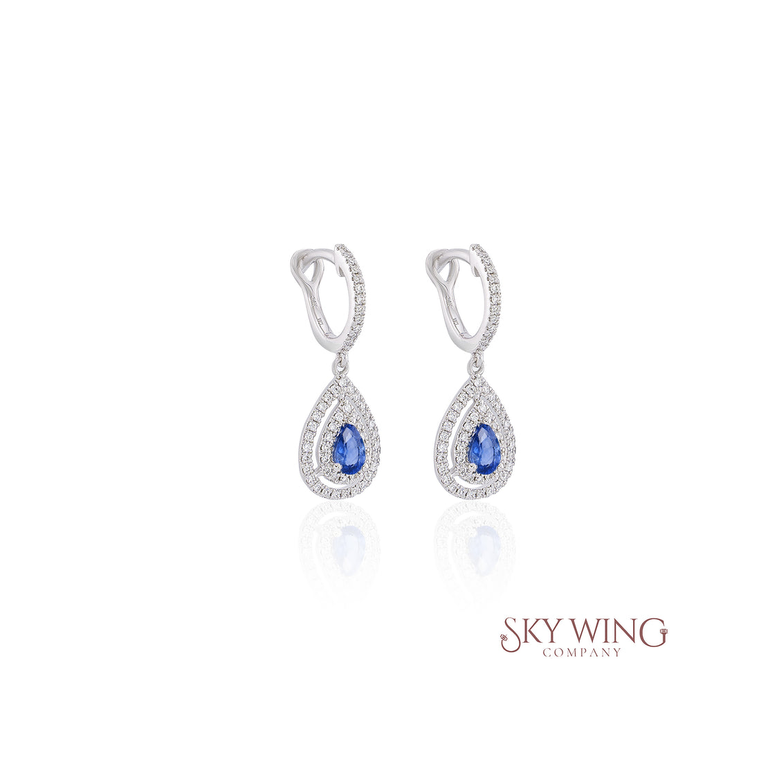 PEAR SHAPED DOUBLE DIAMOND HALO BLUE SAPPHIRE DROP EARRINGS