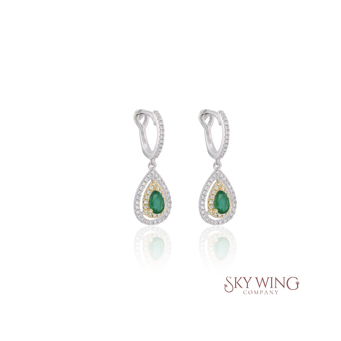 PEAR SHAPED DOUBLE DIAMOND HALO EMERALD DROP EARRINGS