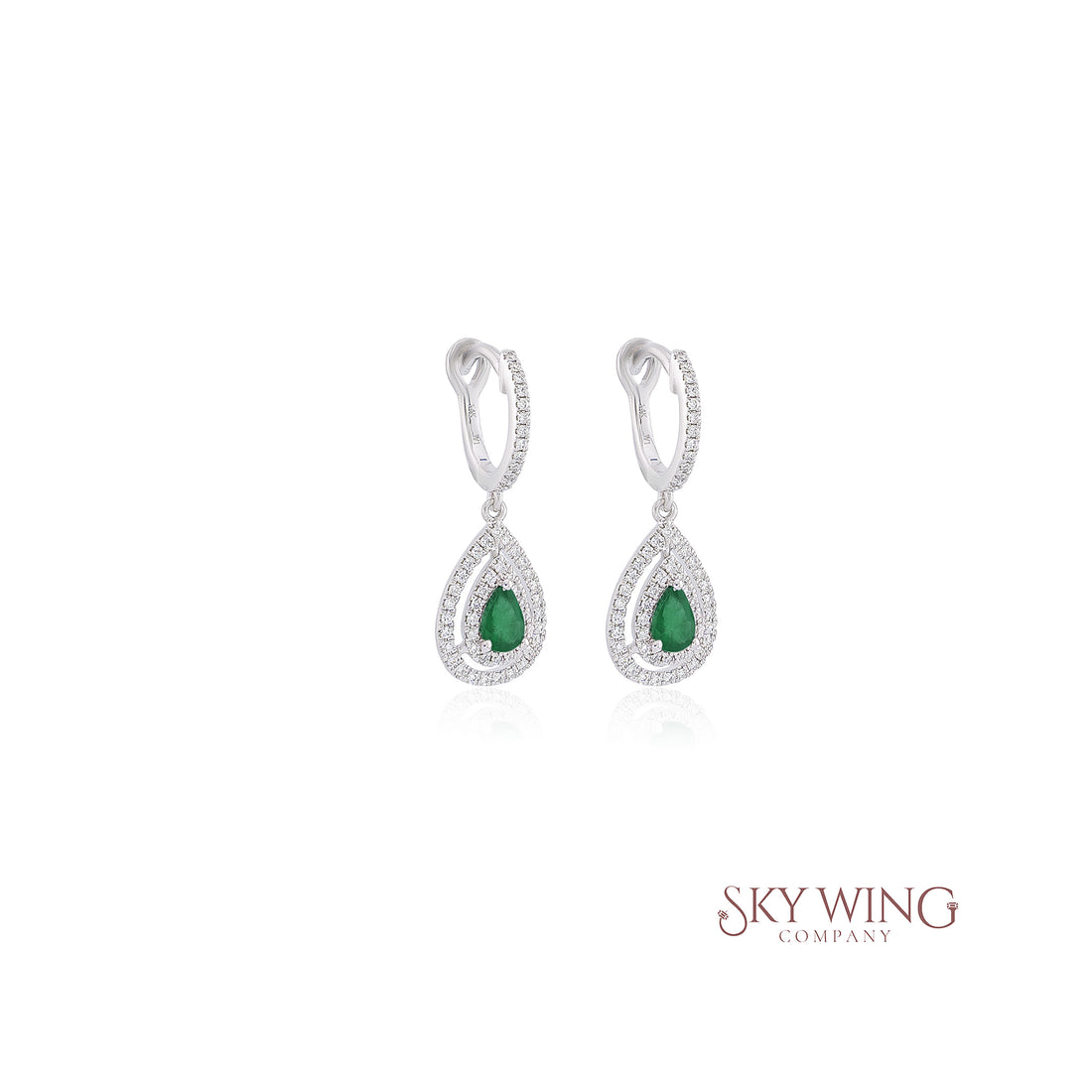 PEAR SHAPED DOUBLE DIAMOND HALO EMERALD DROP EARRINGS