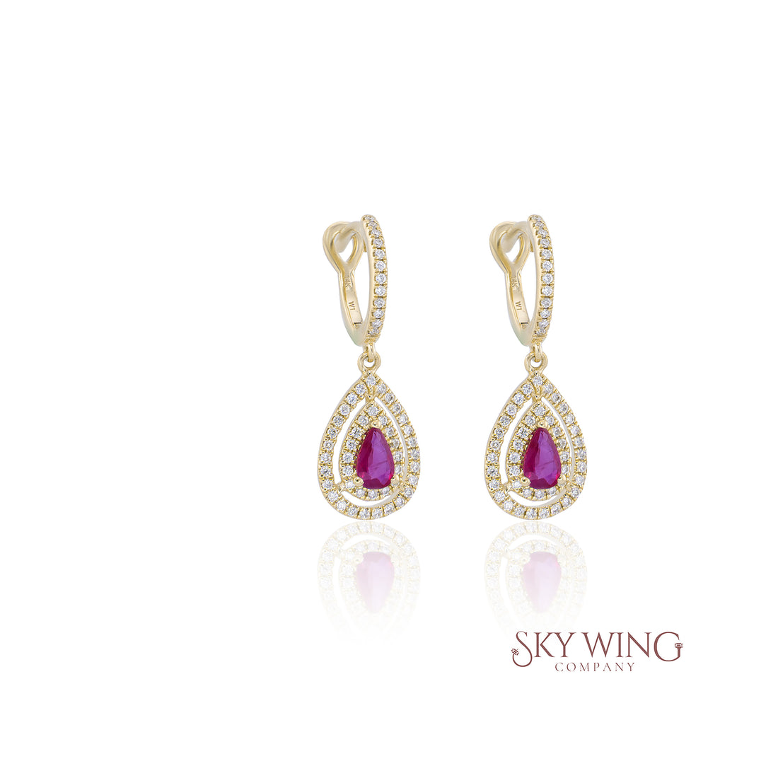 PEAR SHAPED DOUBLE DIAMOND HALO RUBY DROP EARRINGS
