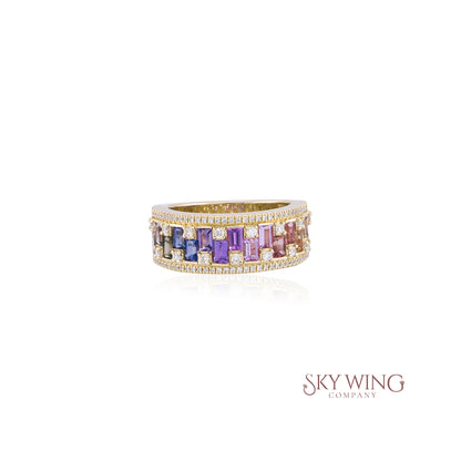 BAGUETTE MULTI SAPPHIRE &amp; ROUND DIAMOND BAND RING