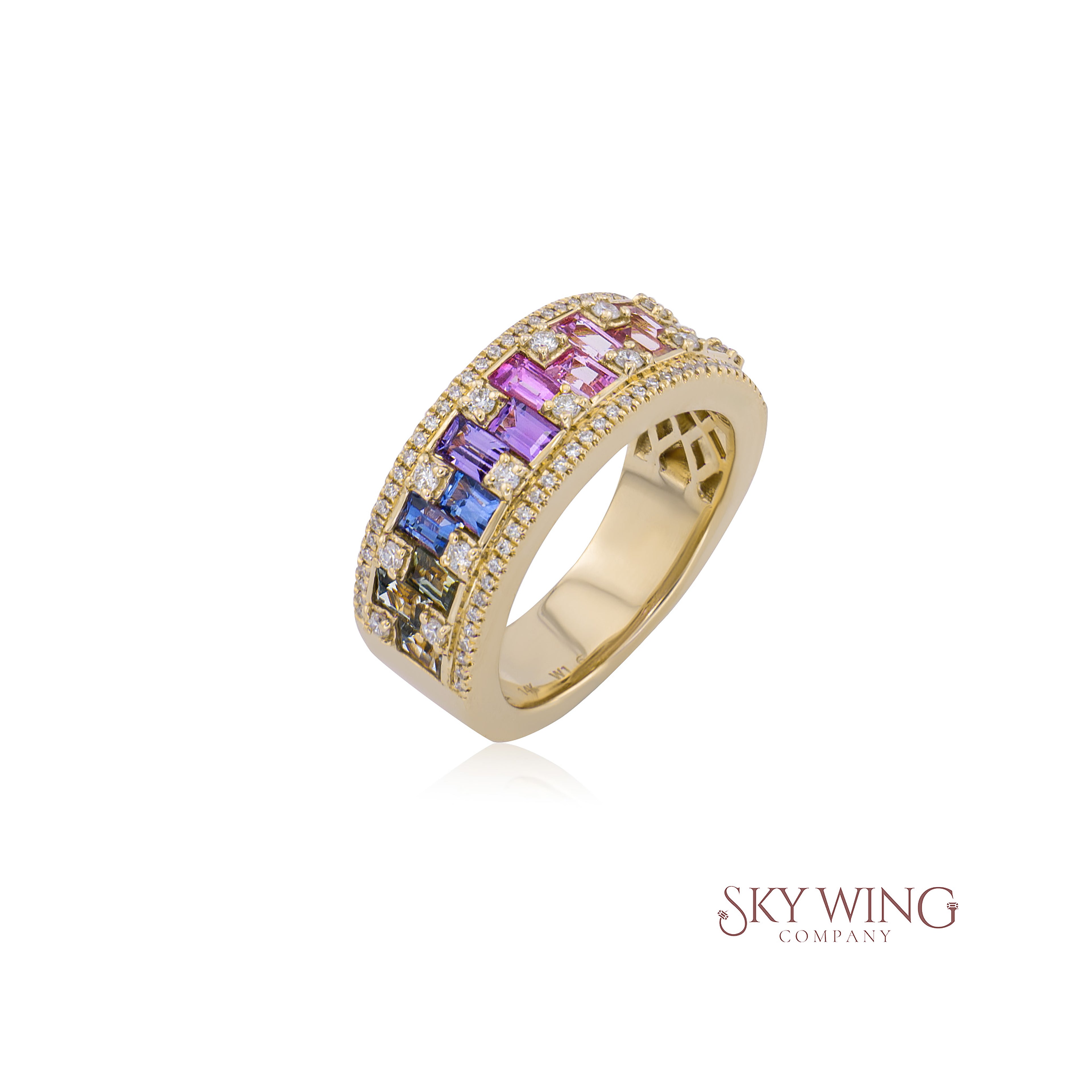 BAGUETTE MULTI SAPPHIRE &amp; ROUND DIAMOND BAND RING