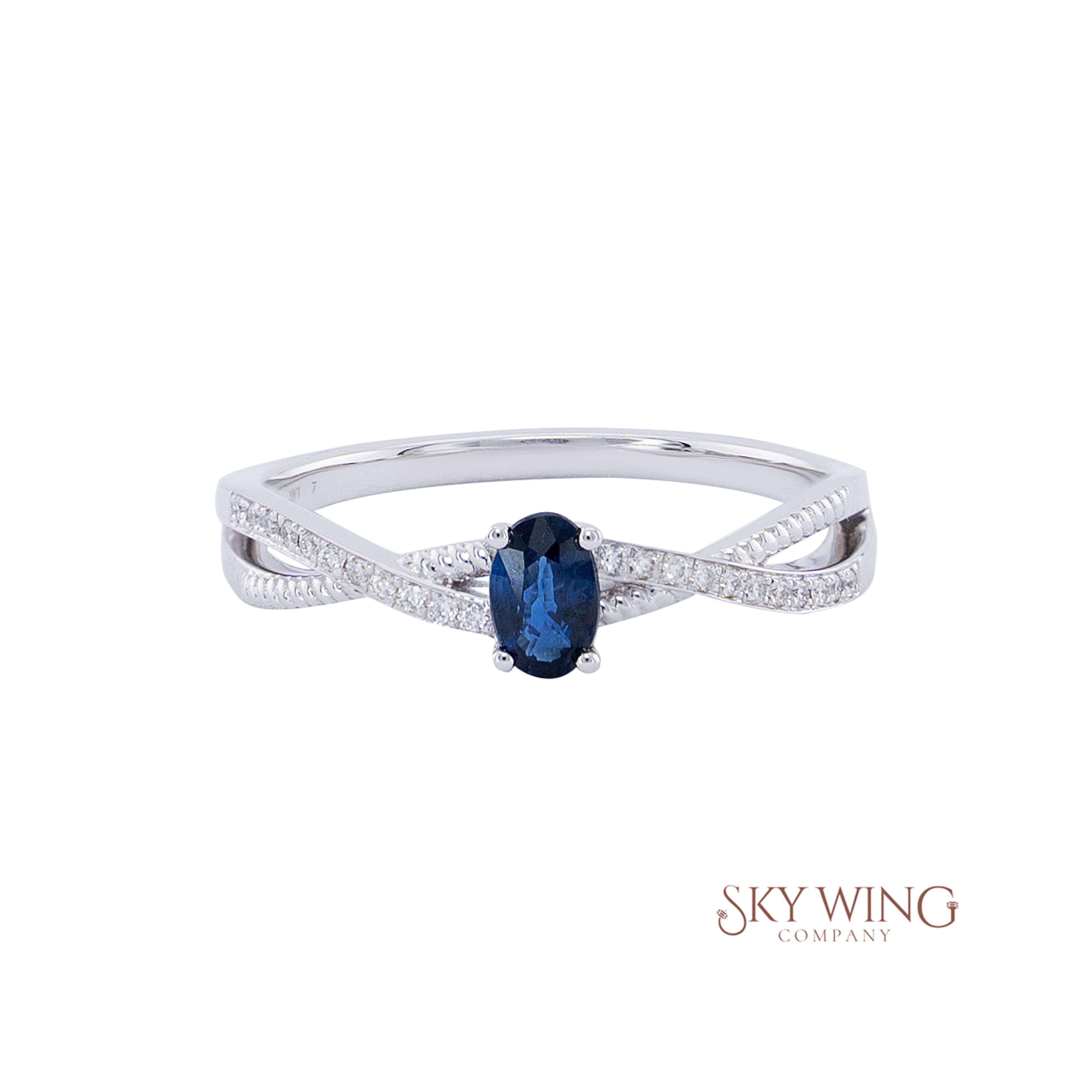DIA: &amp; OVAL BLUE SAPPHIRE CRISSCROSS RING