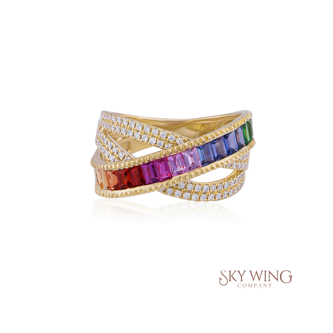 DIAMOND AND MULTI SAPPHIRE CROSSOVER RING
