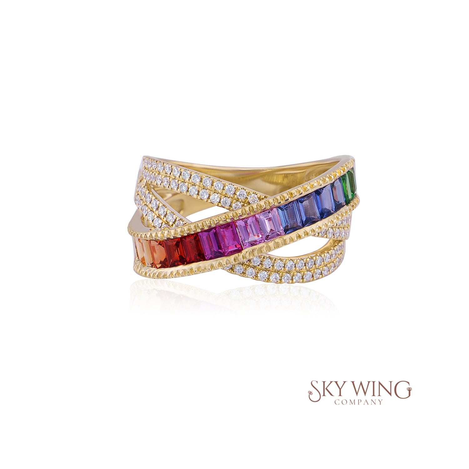 DIAMOND AND MULTI SAPPHIRE CROSSOVER RING