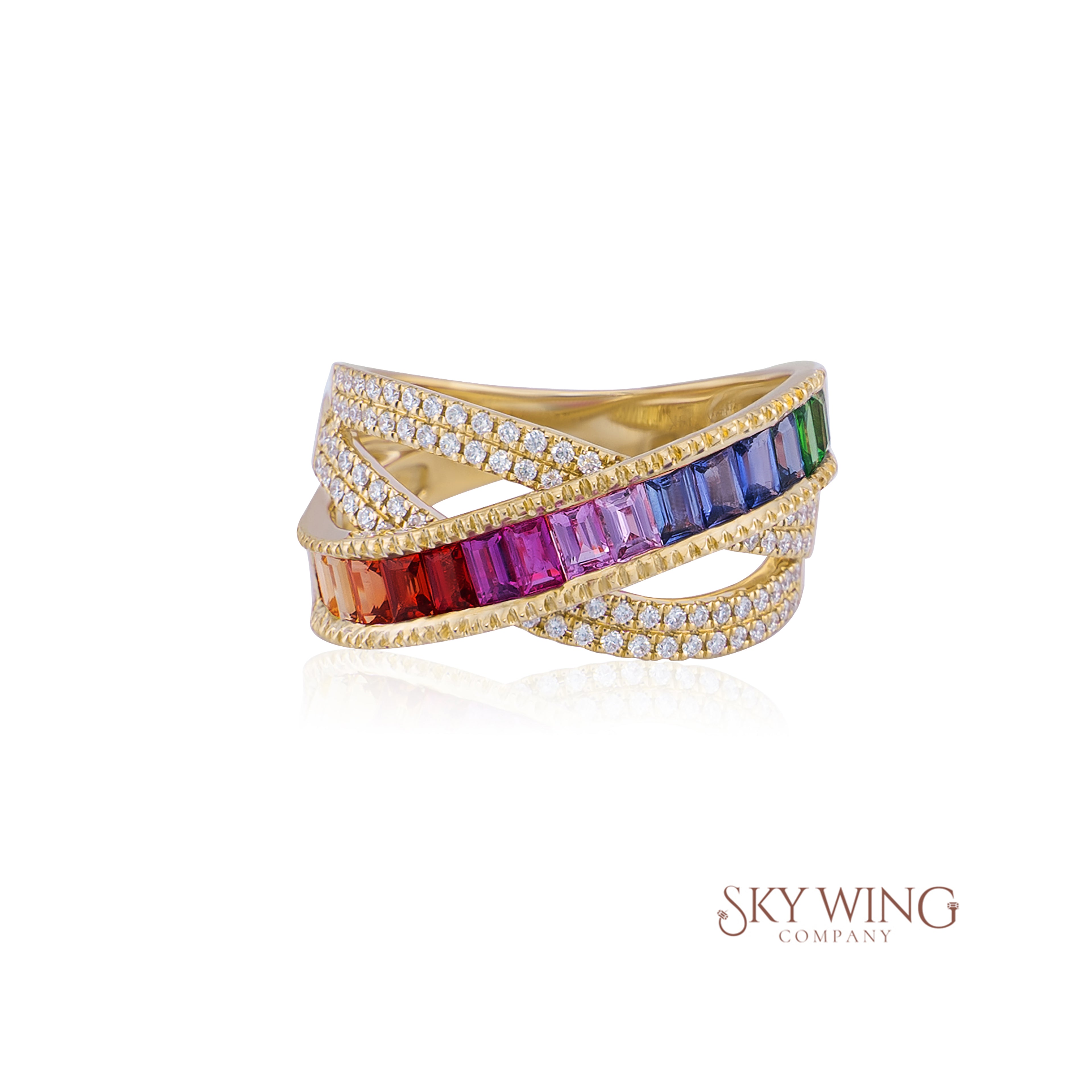 DIAMOND AND MULTI SAPPHIRE CROSSOVER RING