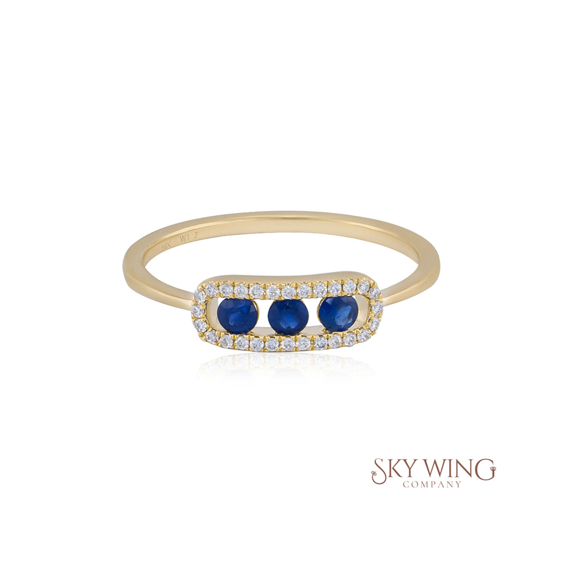 ROUND BLUE SAPPHIRE AND DIAMOND 3 STONE BAR RING